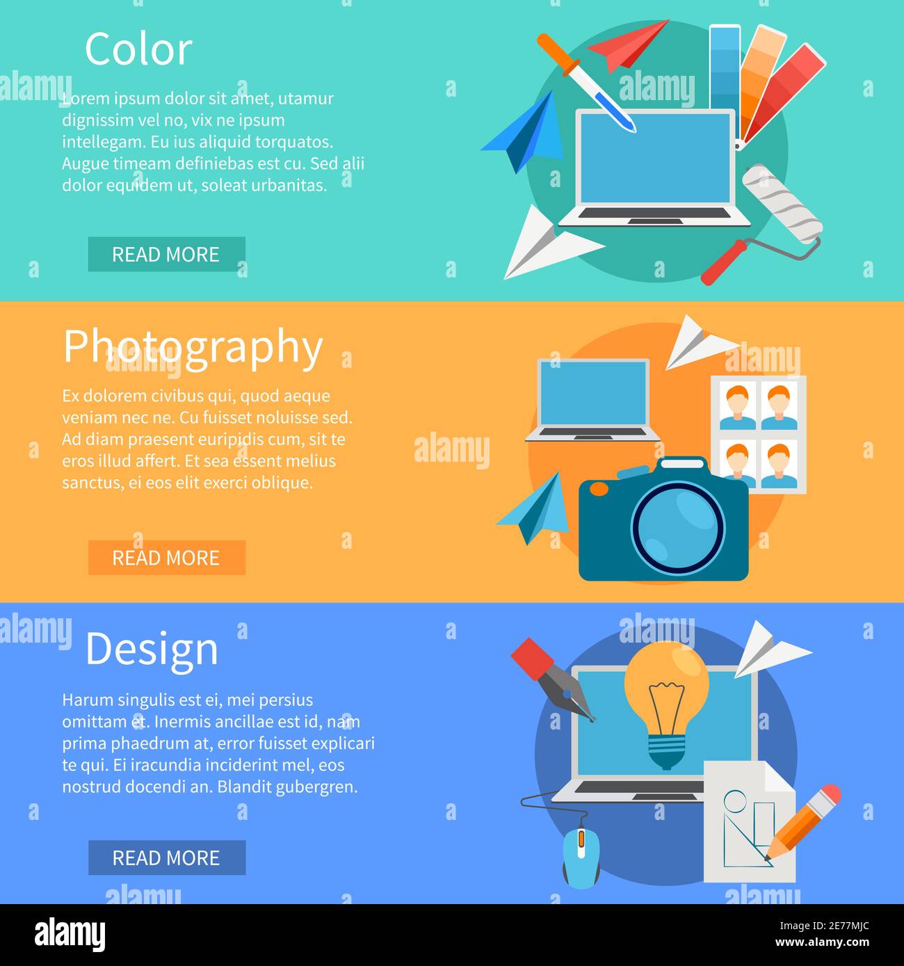 Design Entwicklung flache horizontale Banner mit Satz von Symbolen für Fotografie und kreative Design-Prozesse Vektor-Illustration Stock Vektor