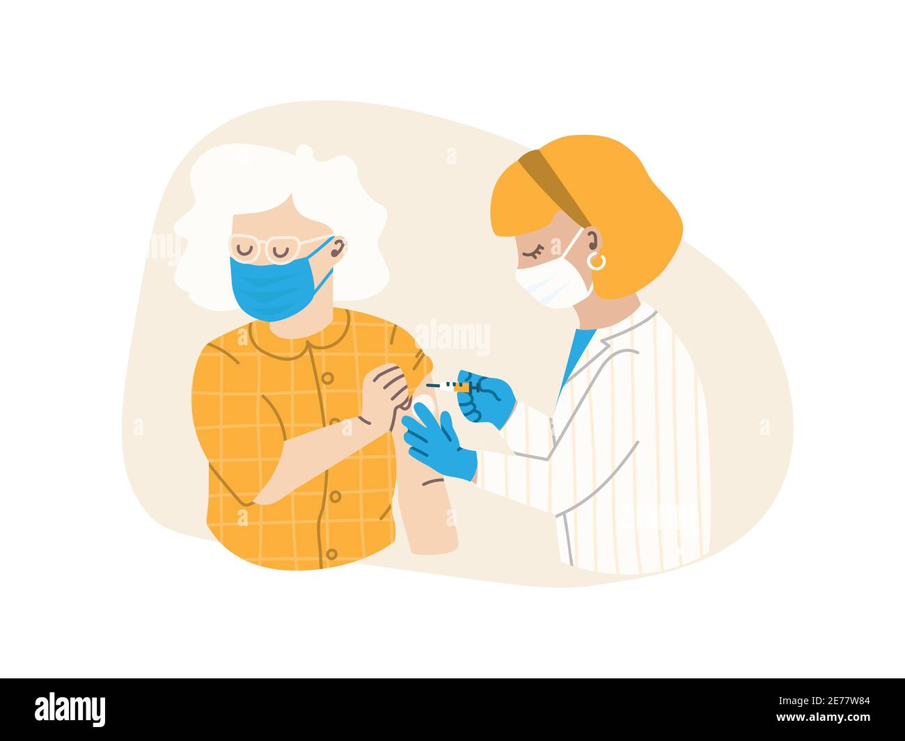 Der Arzt oder die Krankenschwester injiziert den Impfstoff. Die Patientin ist eine ältere Frau. Grippeimpfungskonzept, Virusimpfstoff. Vektorgrafik flache Abbildung EPS 10. Stock Vektor