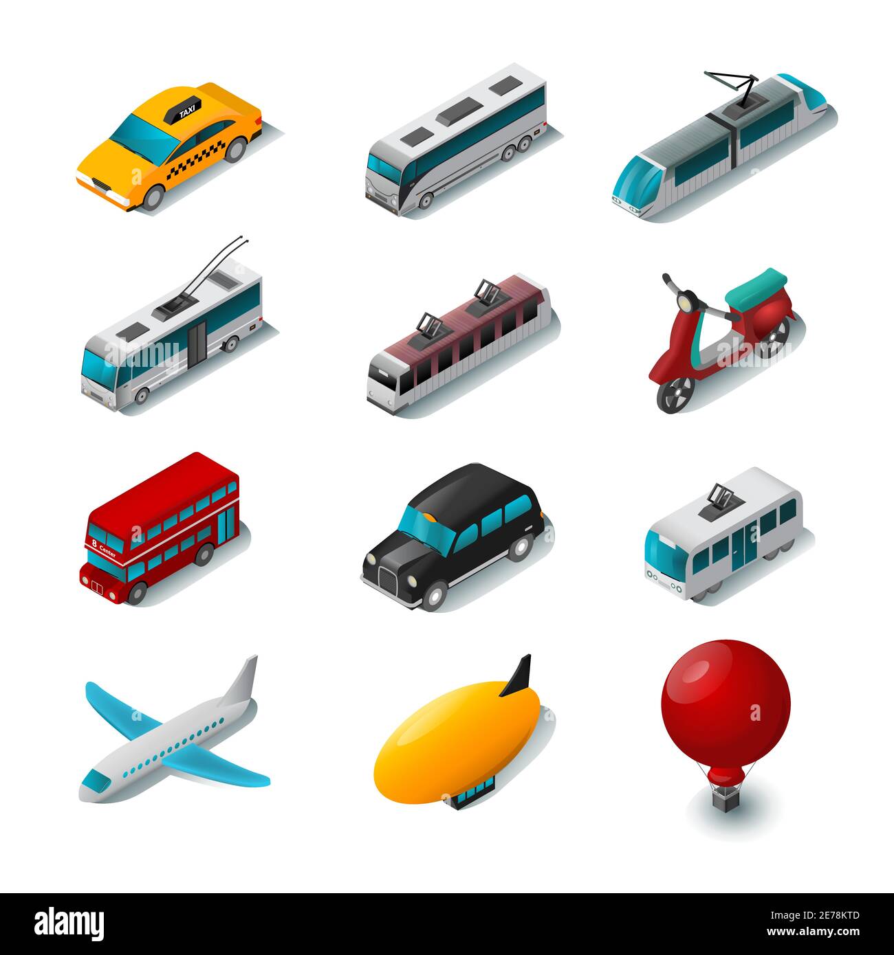 Öffentliche Verkehrsmittel isometrische Symbole mit Cartoon Scooter Straßenbahn und gesetzt Taxi Auto isoliert Vektor-Illustration Stock Vektor