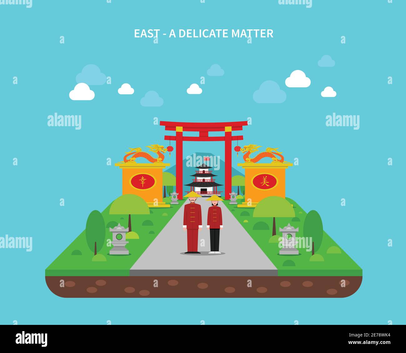Ost und China Konzept mit Architektur traditionellen Symbolen und Gärten Flache Vektorgrafik Stock Vektor
