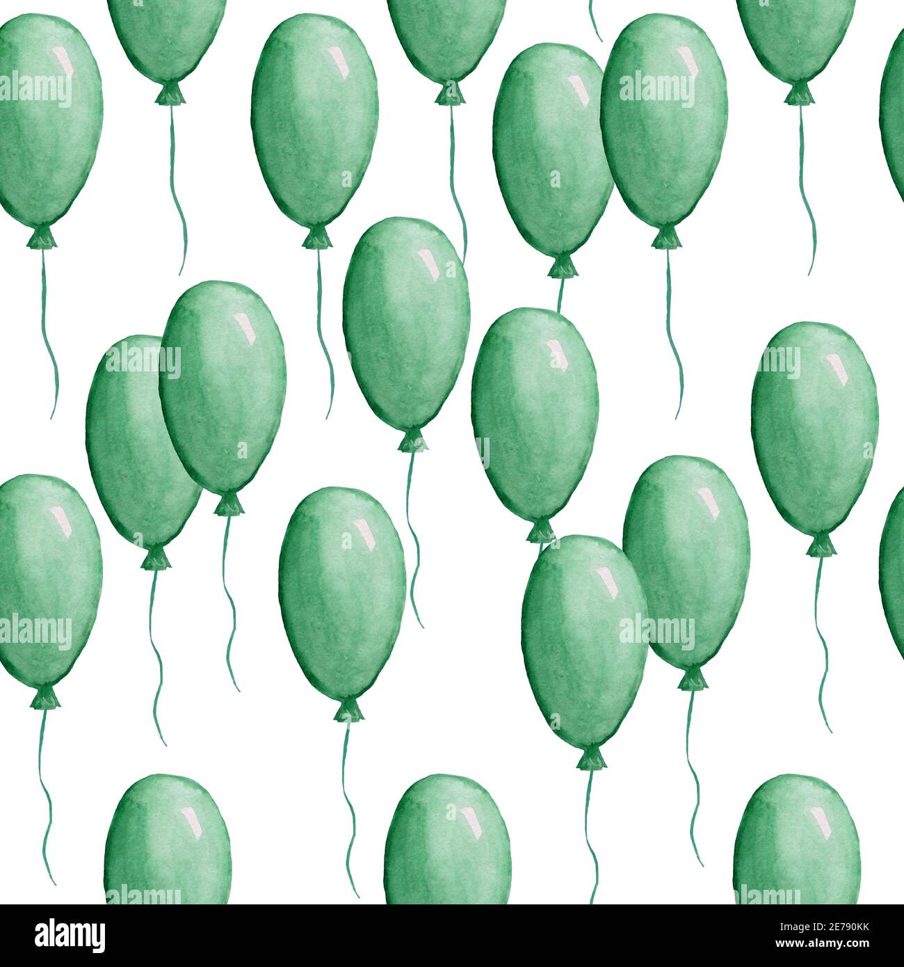 Nahtloses Aquarell handgezeichnetes Muster mit St. Patricks Day Elementen, grüne Luftballons schwebend auf weißem Hintergrund. Irish Feier Tradition Festival Parade. Geburtstagsparty dekoratives Design. Stockfoto