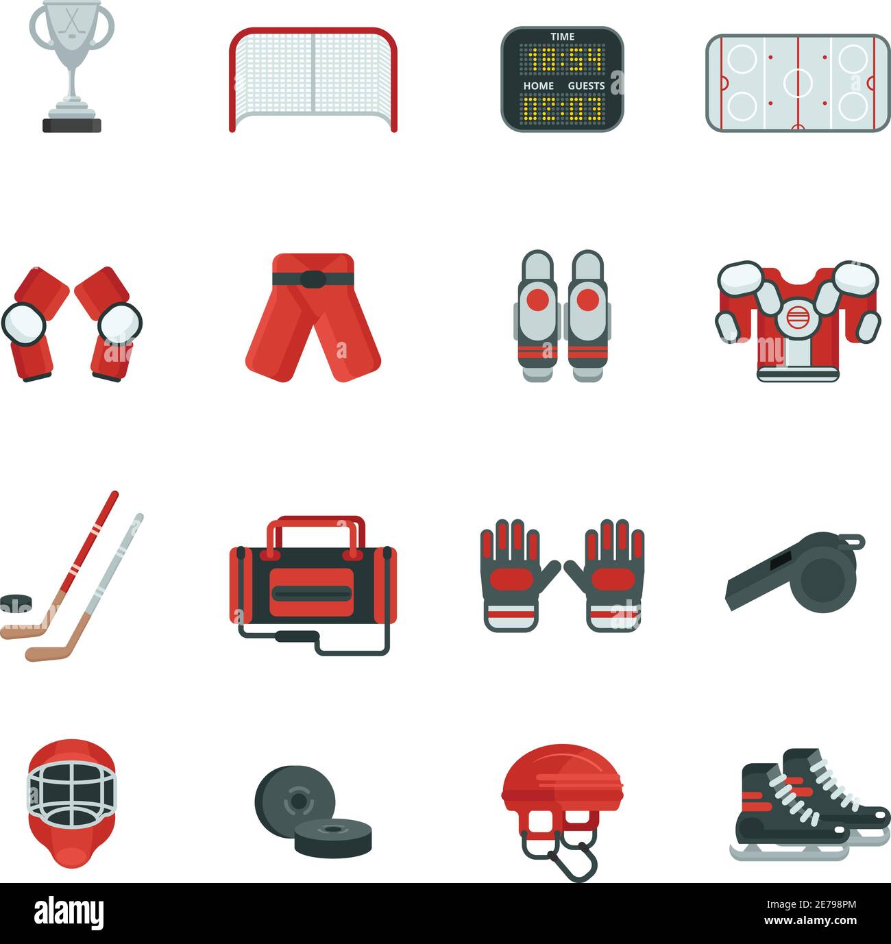Hockey Attribution Kleidung Ausrüstung und Zubehör Schlittschuhe Puck und Putter Flache Farbe Symbolsatz isolierte Vektordarstellung Stock Vektor