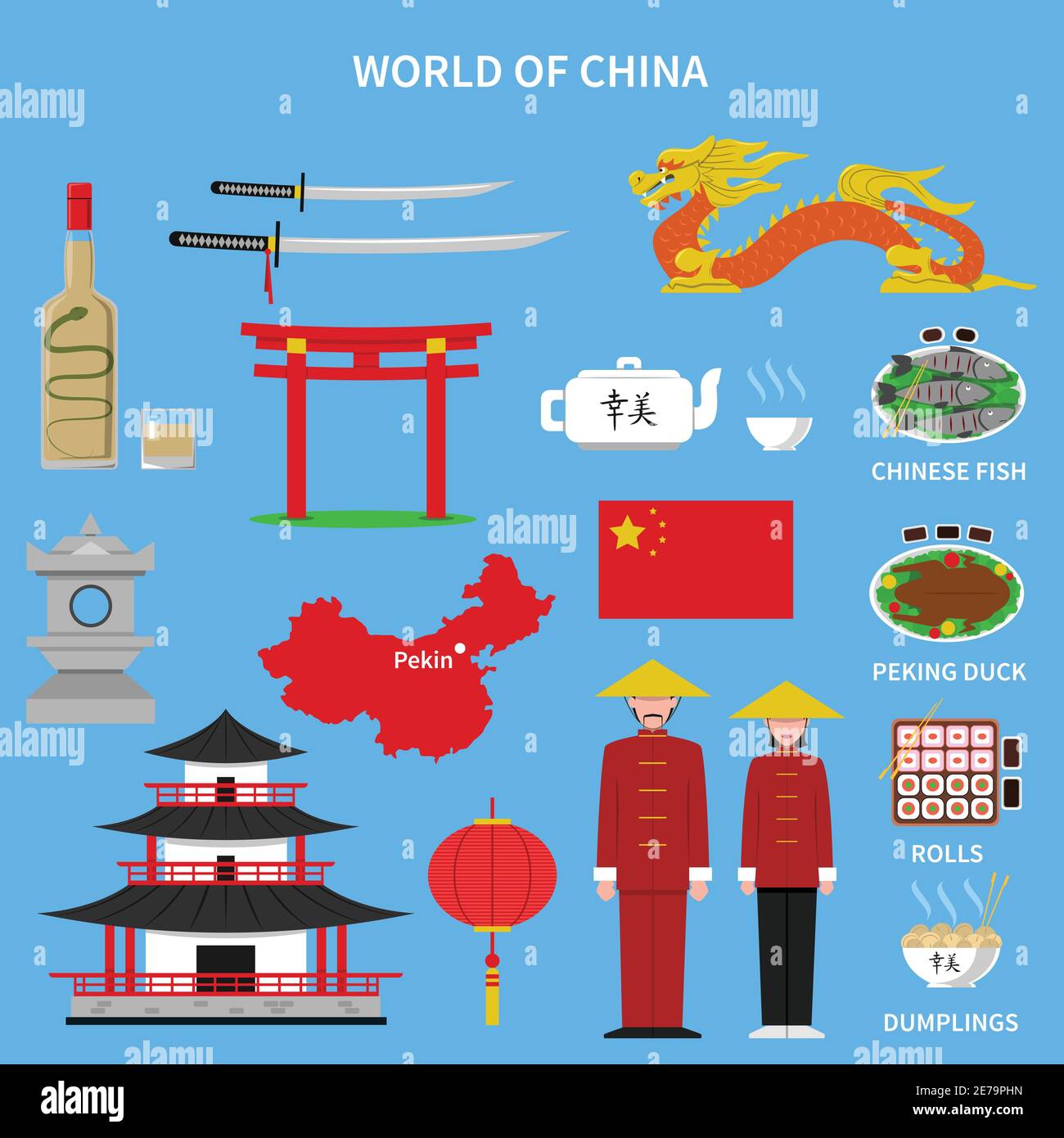 China Ikonen mit traditionellen Speisen und Kleidung auf blau gesetzt Hintergrund flach isoliert Vektor-Illustration Stock Vektor