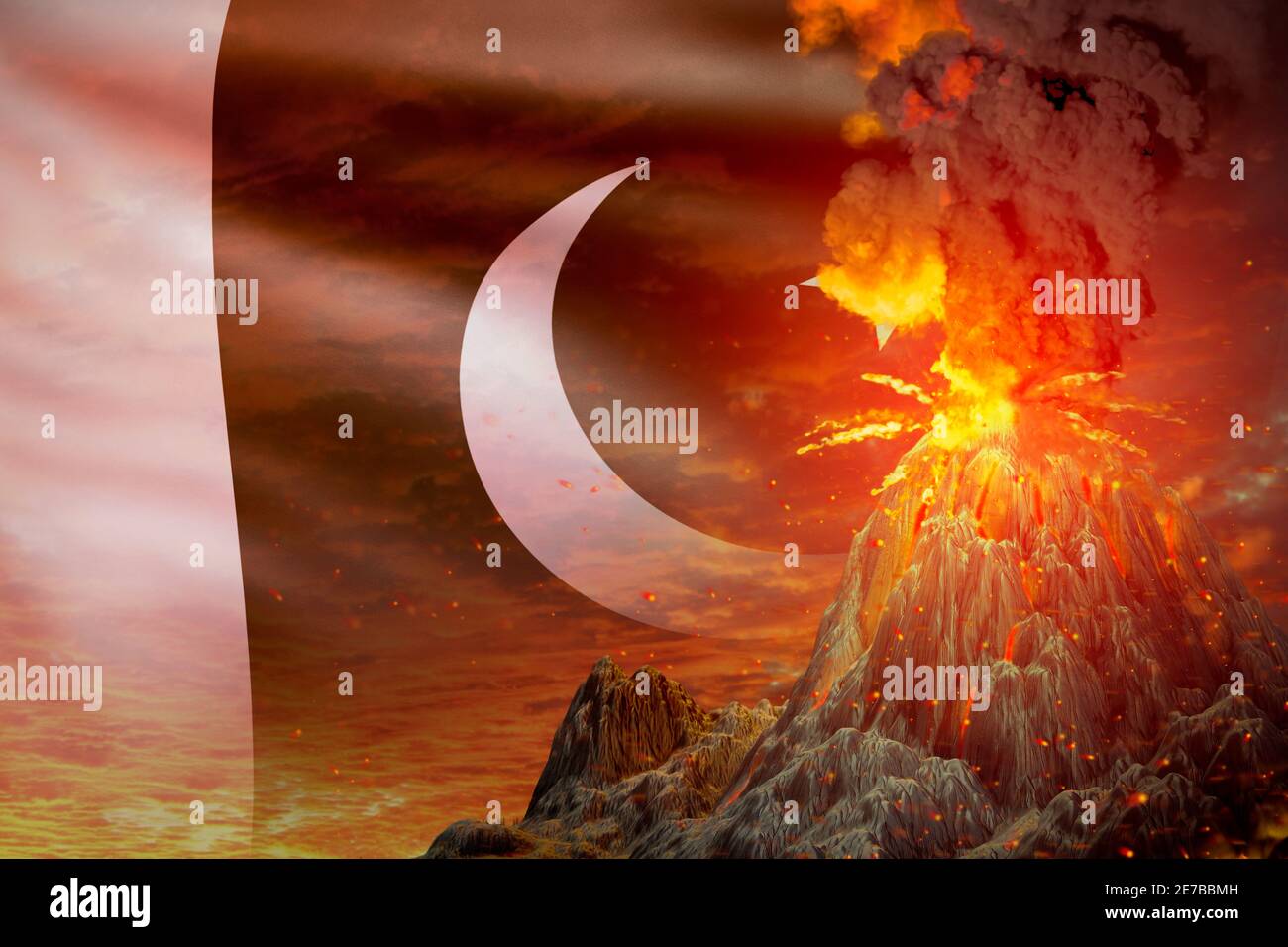 Großer Vulkan Explosion Ausbruch in der Nacht mit Explosion auf Pakistan Flagge Hintergrund, leiden an Katastrophe und Vulkanasche konzeptionelle 3D Illustration von na Stockfoto