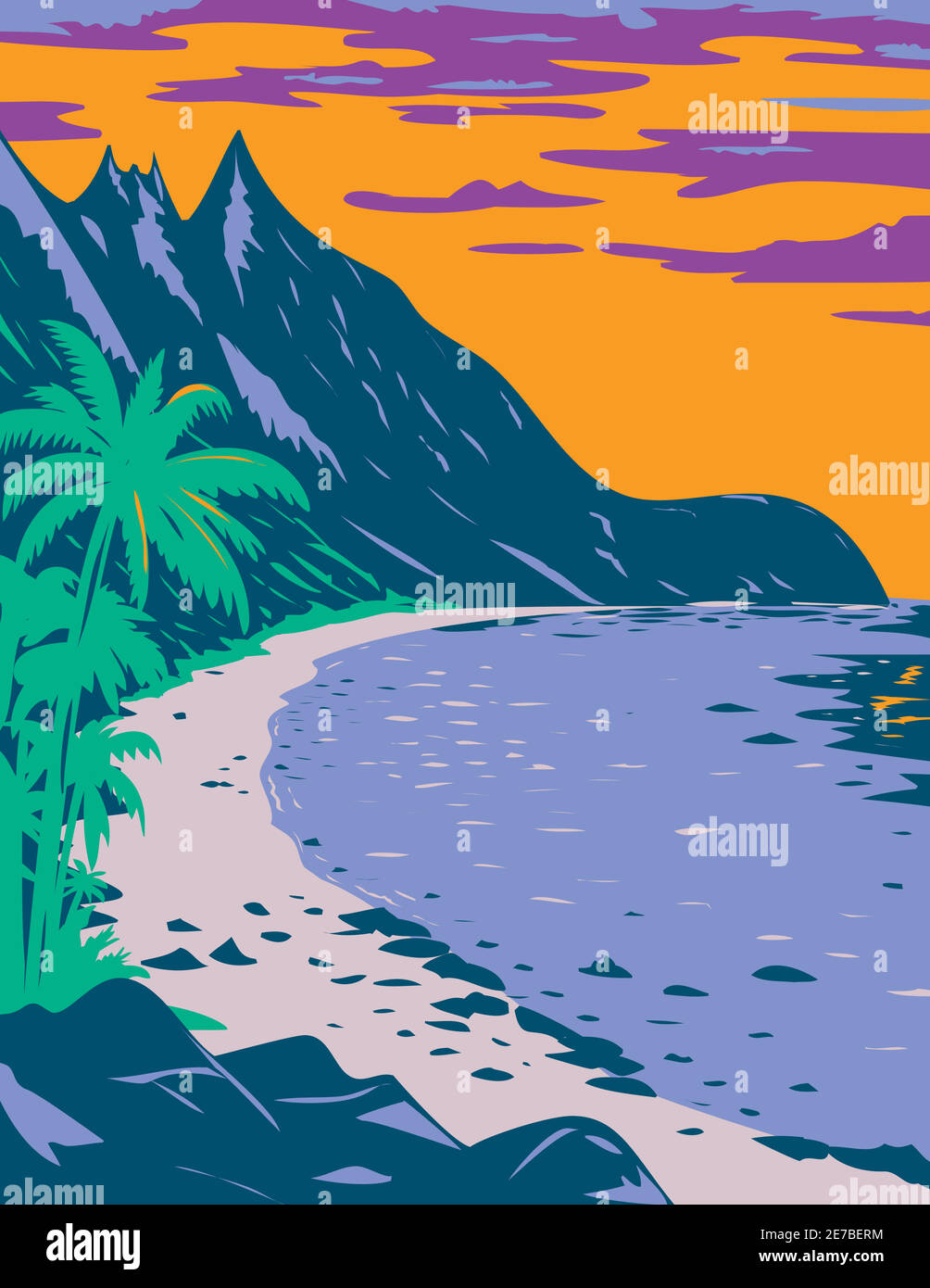 WPA Plakatkunst des Nationalparks von Amerikanisch-Samoa Ofu Strand, in den Vereinigten Staaten Gebiet von Amerikanisch-Samoa Insel Ofu, getan in den Arbeiten projec Stock Vektor