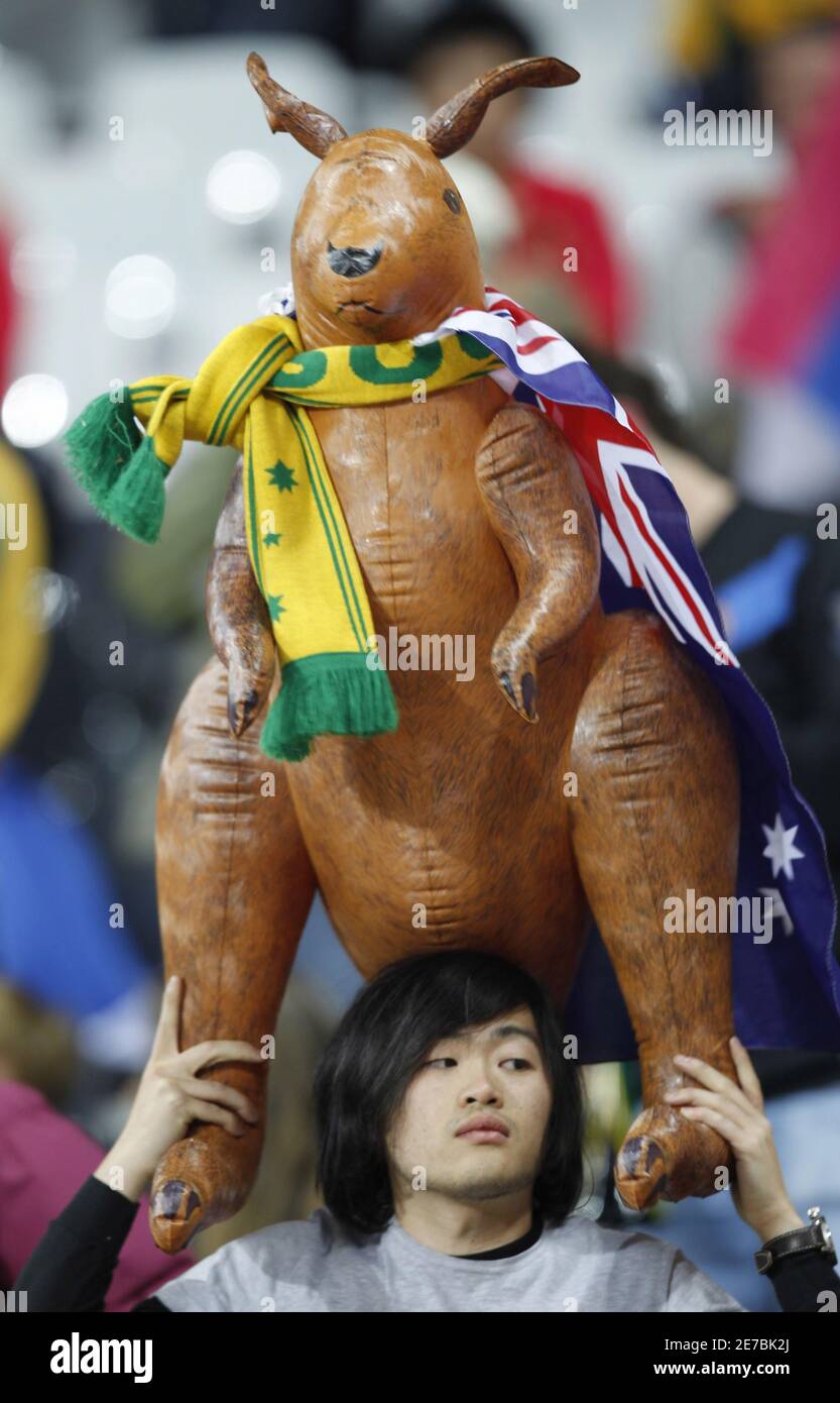 Ein australischer Fan erwartet den Start des 2010 World Cup Gruppe D Fußballmatches gegen Serbien im Mbombela Stadion in Nelspruit, 23. Juni 2010. REUTERS/Thomas Mukoya (SÜDAFRIKA - Tags: FUSSBALL-WELTMEISTERSCHAFT) Stockfoto