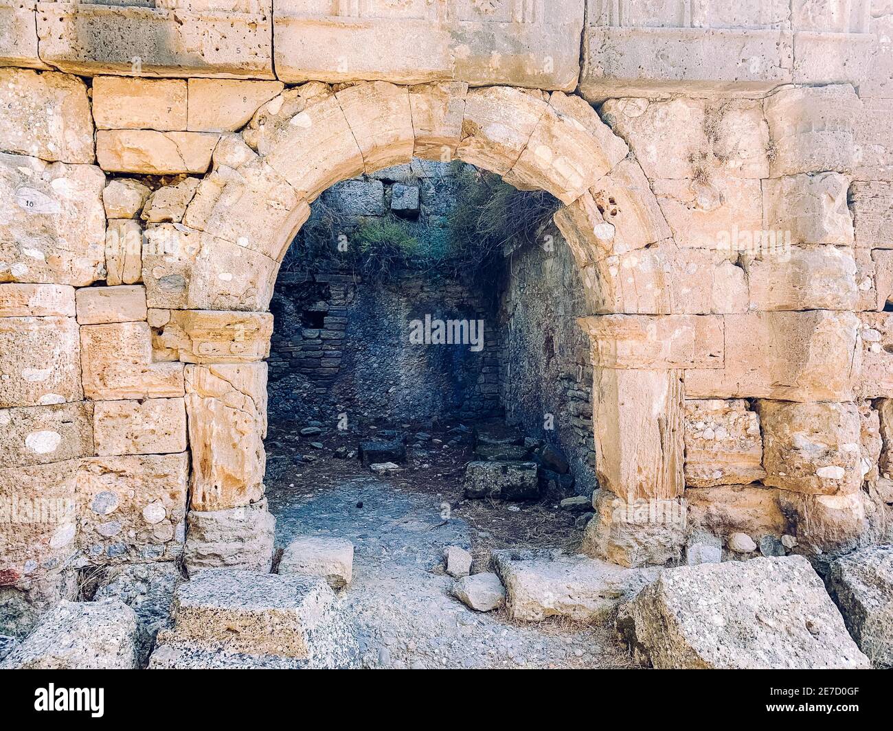 Touristenroute, Ruinen der antiken Stadt Seleucia in der Provinz Antalya, Türkei. Stockfoto