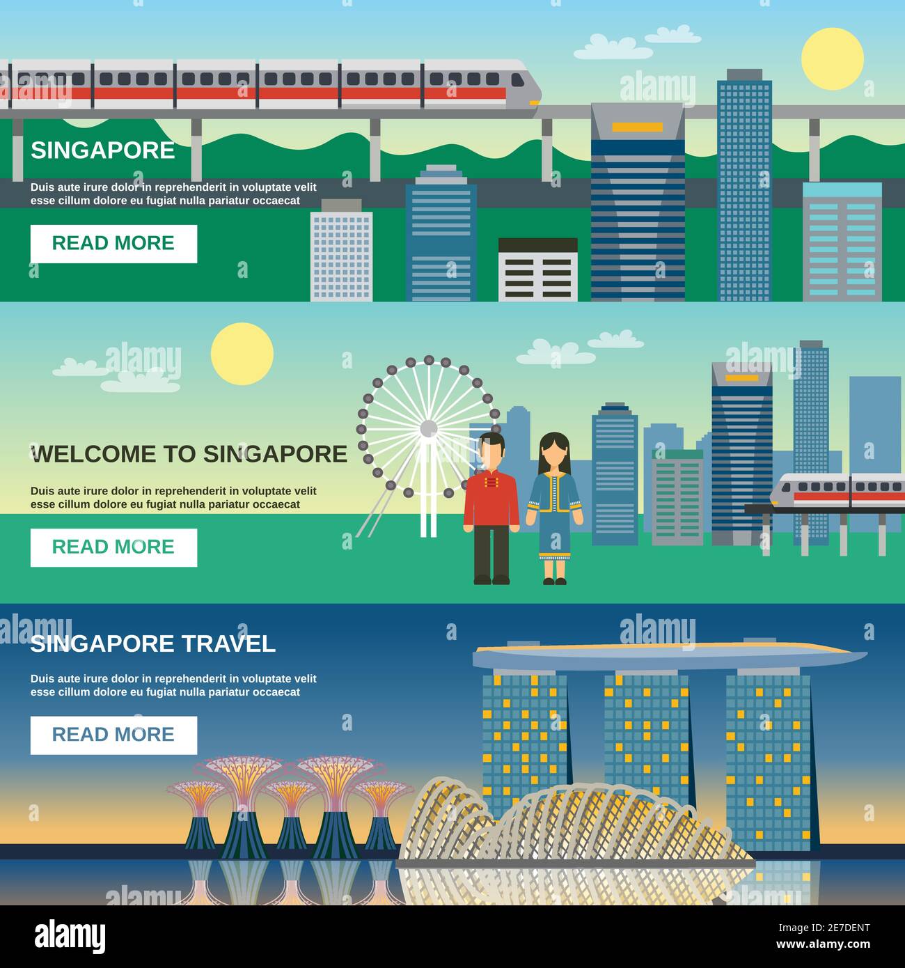 Singapur besten touristischen Attraktionen Webseite 3 flache horizontale Banner mit Nacht Stadtbild und Sightseeing-Bilder abstrakte Vektor-Illustration Stock Vektor