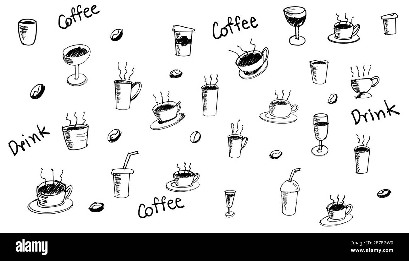 Freihand Skizze Linie Form Tasse Cooffee, schwarze Farbe Design-Elemente isoliert auf weißem Hintergrund, Textil Stoff, Papier Kunstkarte Stockfoto
