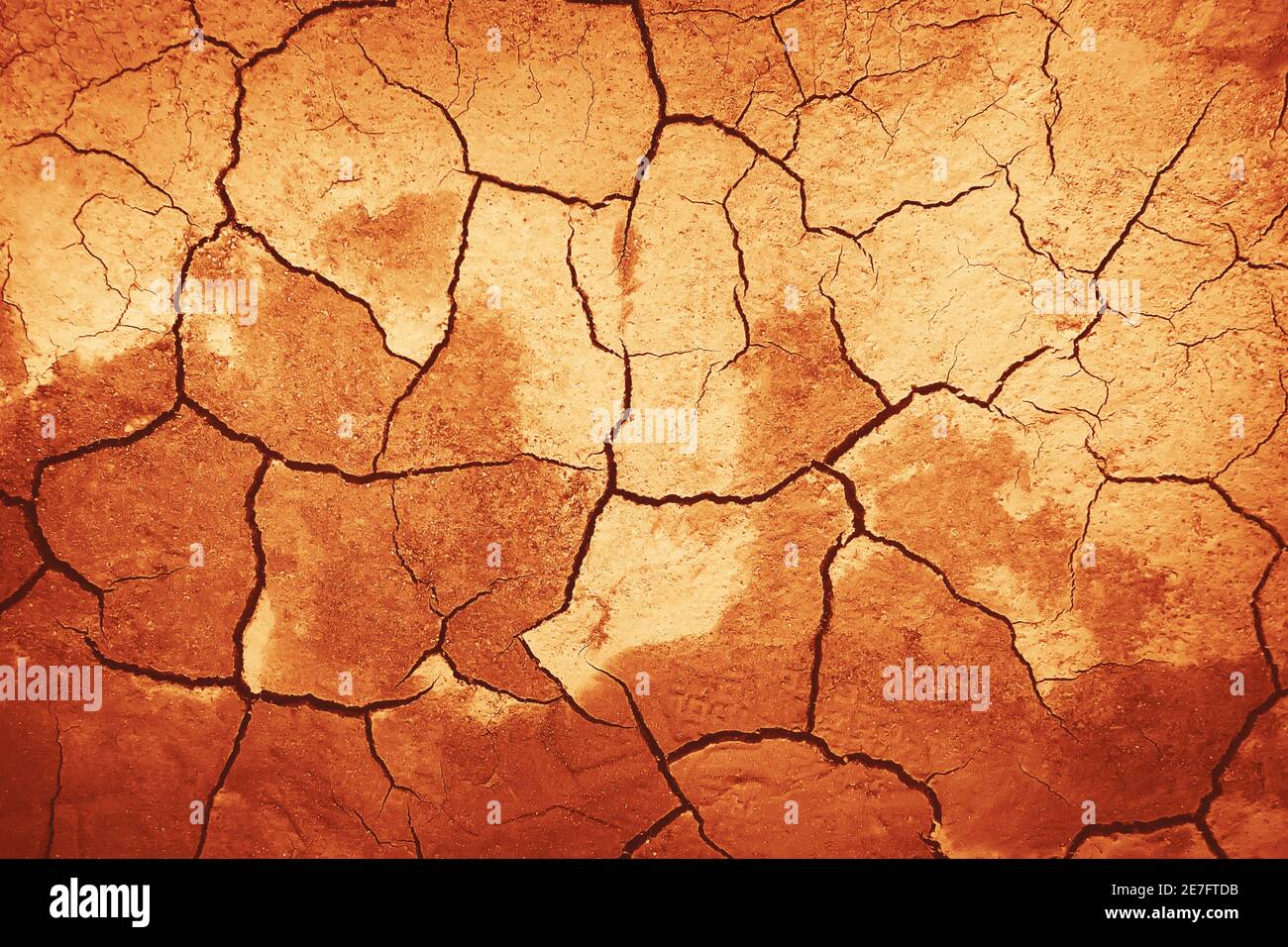 Der Hintergrund zeigt trockene, tote, rissige Erde in einer heißen Wüste, beleuchtet von hellem Sonnenlicht. Ödland und Strahlung. Stockfoto