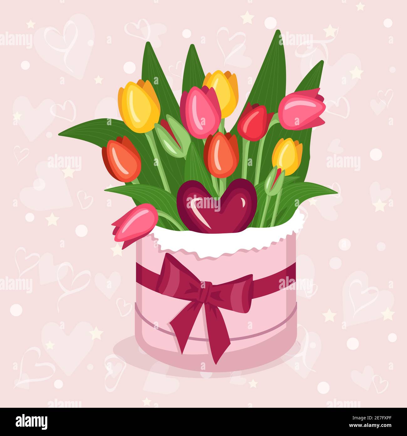Box mit bunten Tulpen und Herz für Valentinstag, Frauentag, Muttertag. Ein Geschenk für ein Mädchen, Mama, Großmutter, Freundin. Vektor flach Stock Vektor