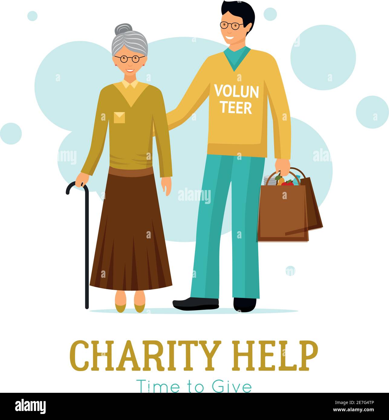 Wohltätigkeitsorganisation flaches Poster mit Freiwilligen helfen alte Frau mit Abstrakte Vektordarstellung für tägliche Aufgaben Stock Vektor