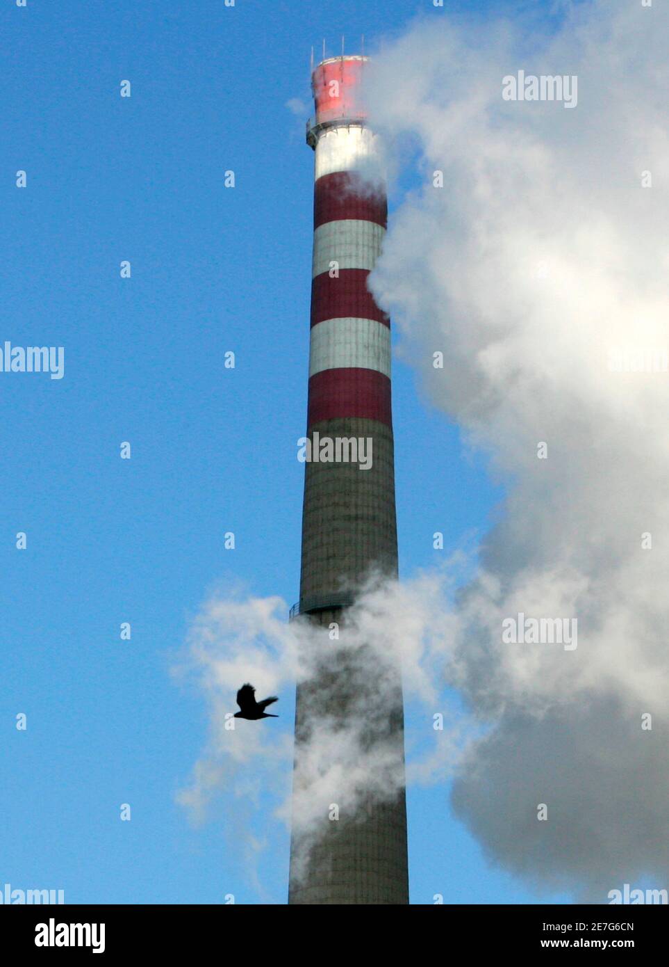 Ein Vogel fliegt vorbei an einem Schornstein eines thermischen Kraftwerkes in Peking 3. Dezember 2007. Rund 190 Nationen trafen sich in Bali am Montag sucht einen Durchbruch, einen neuen globalen Pakt zur Bekämpfung des Klimawandels bis 2009 abzuwenden, Dürren, Hitzewellen und steigende Meere, die die Armen am härtesten getroffen werden. REUTERS/Jason Lee (CHINA) Stockfoto