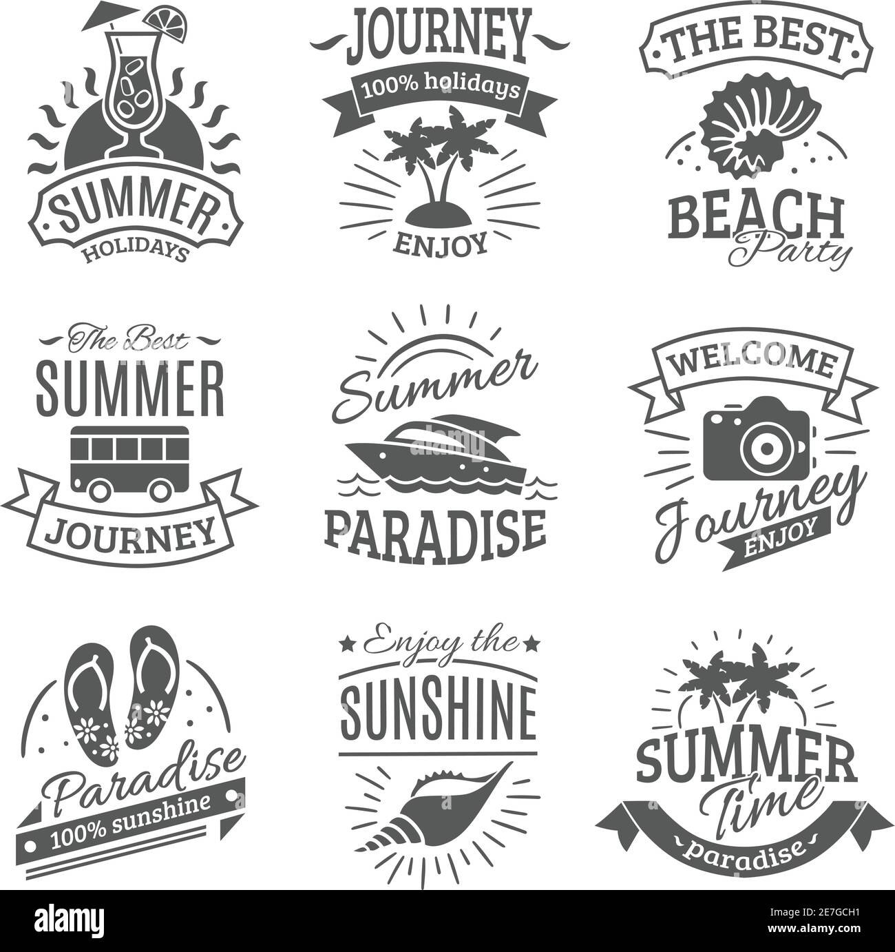 Sommer Urlaub Reisebüros Labels Set mit besten Reisen zu Tropischer Strand schwarz abstrakt isoliert Vektor-Illustration Stock Vektor