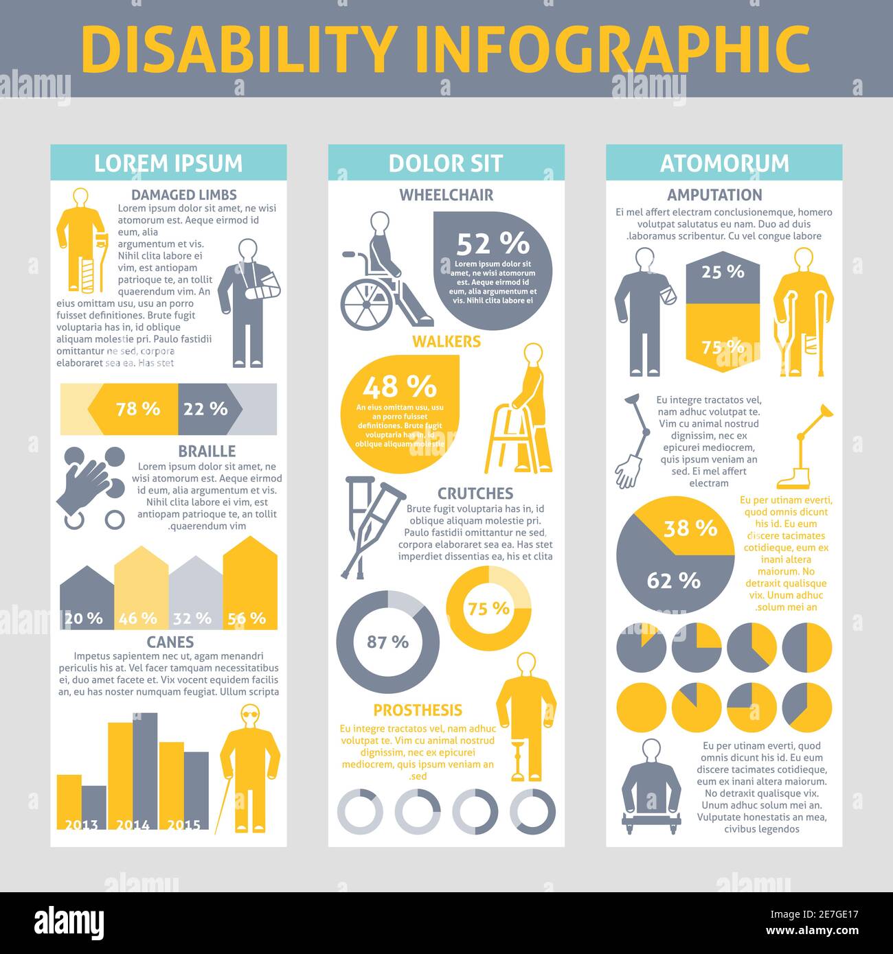 Menschen mit Behinderungen Infografik-Set mit Krücken Prothese und Braille Symbole flache Vektordarstellung Stock Vektor