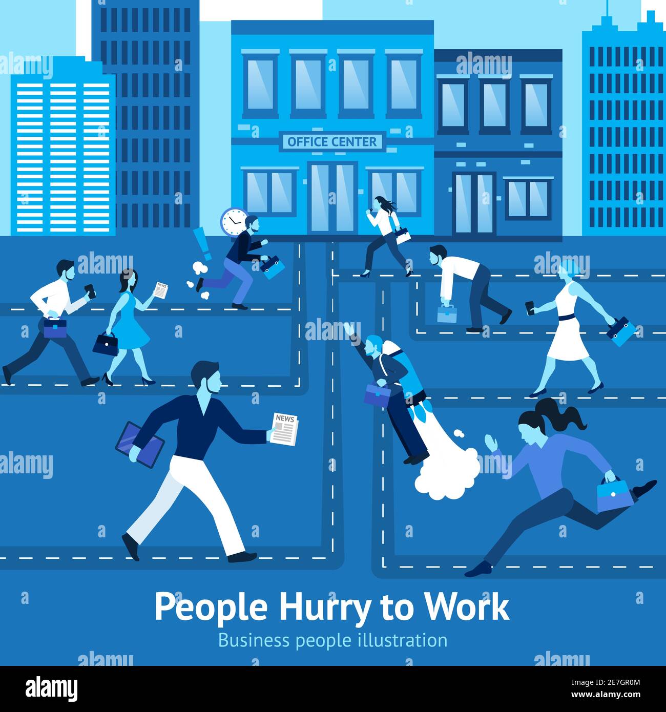 Geschäftsleute in Eile Konzept mit Bürogebäuden im Hintergrund vektorgrafik Stock Vektor