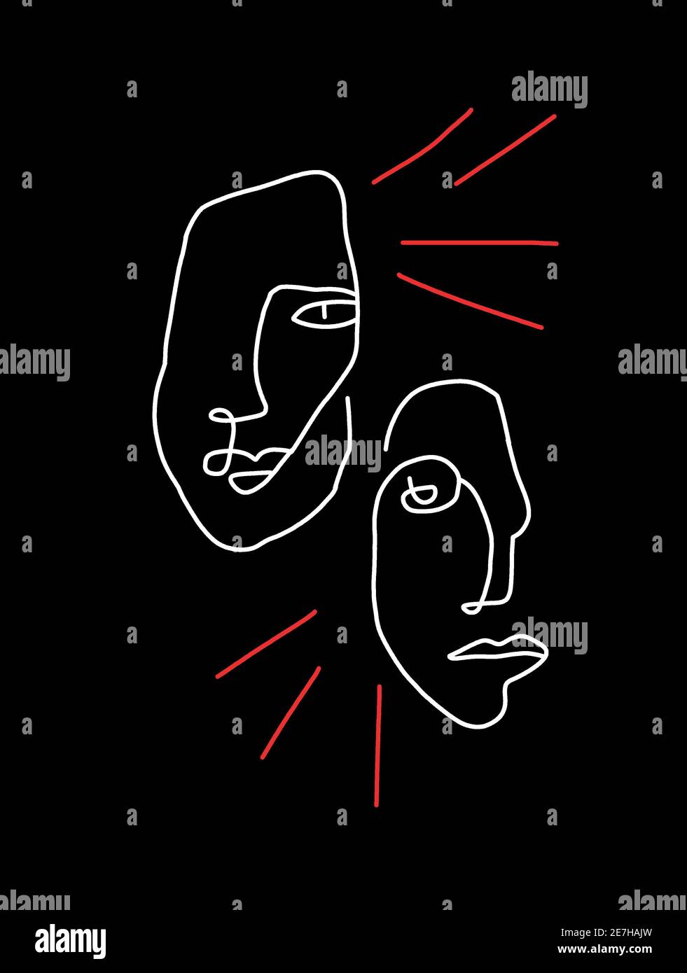 Illustration der weißen Linie Art Gesichter isoliert auf einem schwarzen Hintergrund Stockfoto