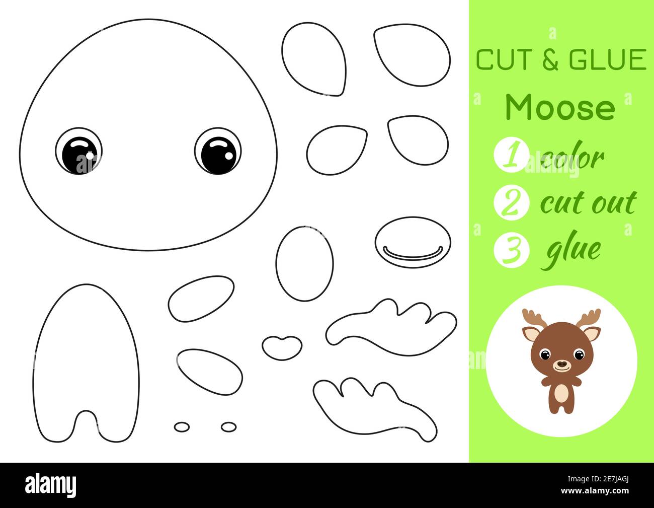 Malbuch schneiden und kleben Baby Elch. Pädagogische Papier Spiel für Vorschulkinder. Arbeitsblatt ausschneiden und einfügen. Farbe, Schnittteile und Kleber auf Papier. Stock Vektor