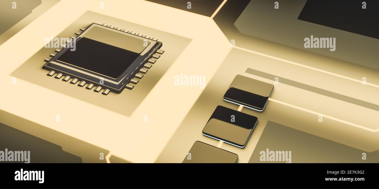 CPU-Zentraleinheit auf Platine mit Anschlüssen, ai futuristisches Mikroprozessor-Hardware-Konzept, 3D CGI Render, Technologie-Hintergrund Stockfoto