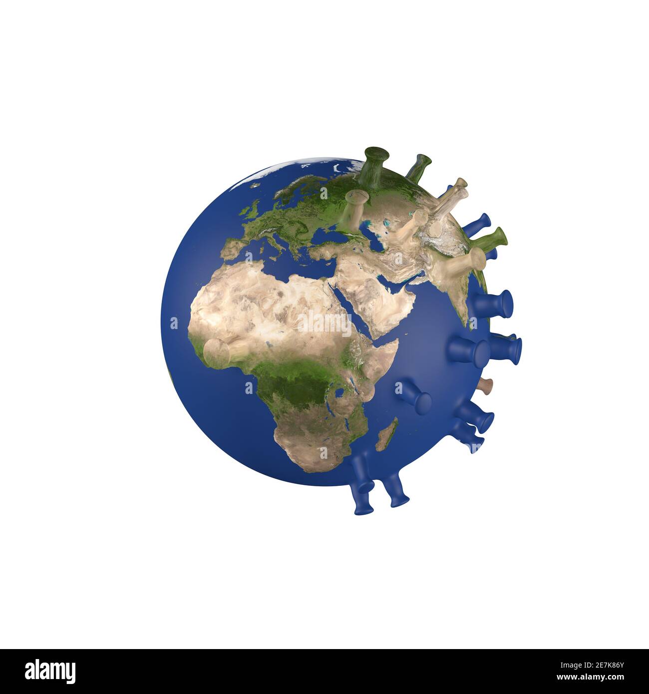 Konzeptionelle 3D-Illustration zum Thema der Erfassung des Planeten durch das Covid-19-Virus. Isolierter weißer Hintergrund Stockfoto