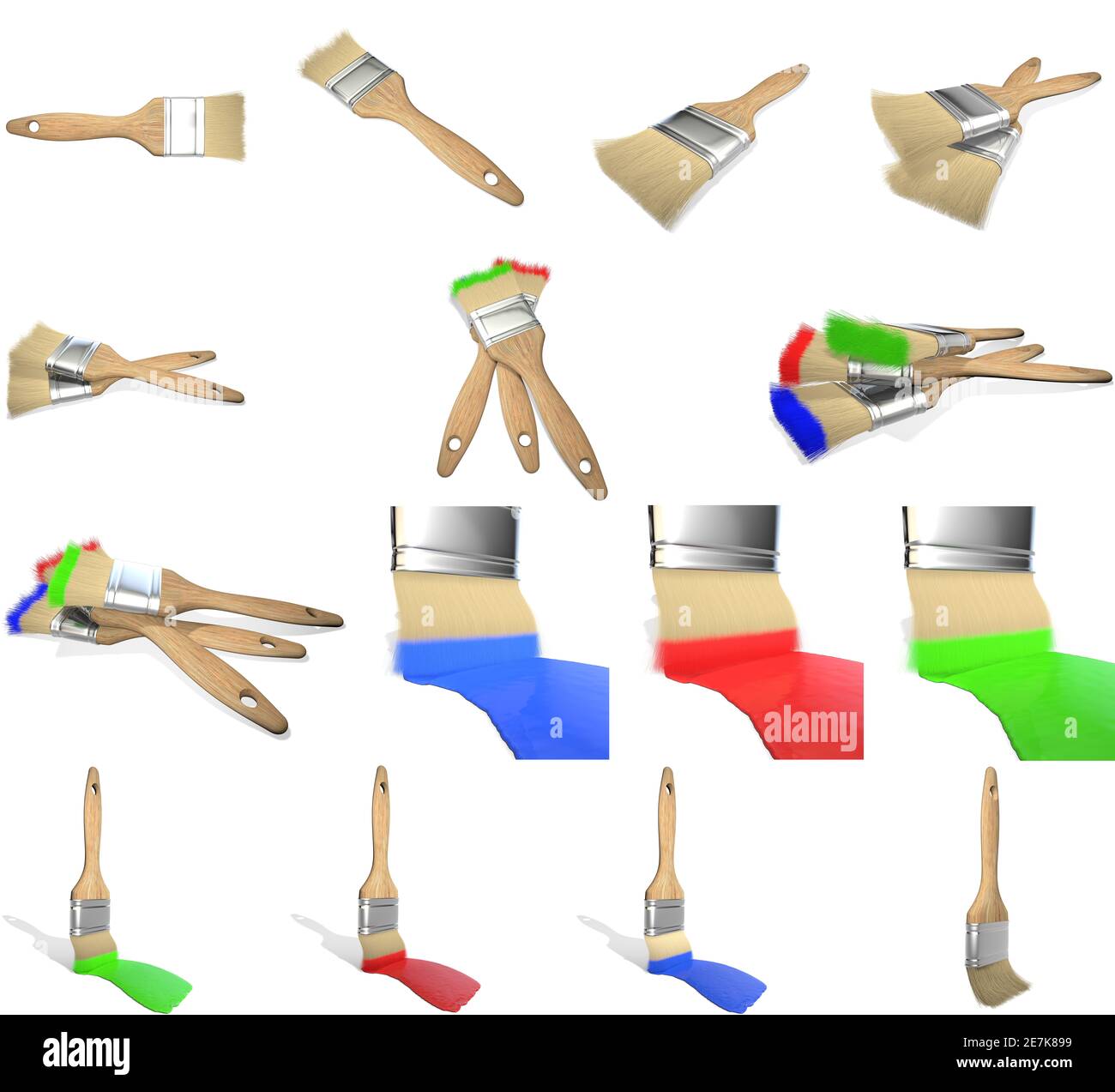 Große Sammlung von Holzfarben Pinsel. 3D-Rendering. Isolierter weißer Hintergrund Stockfoto