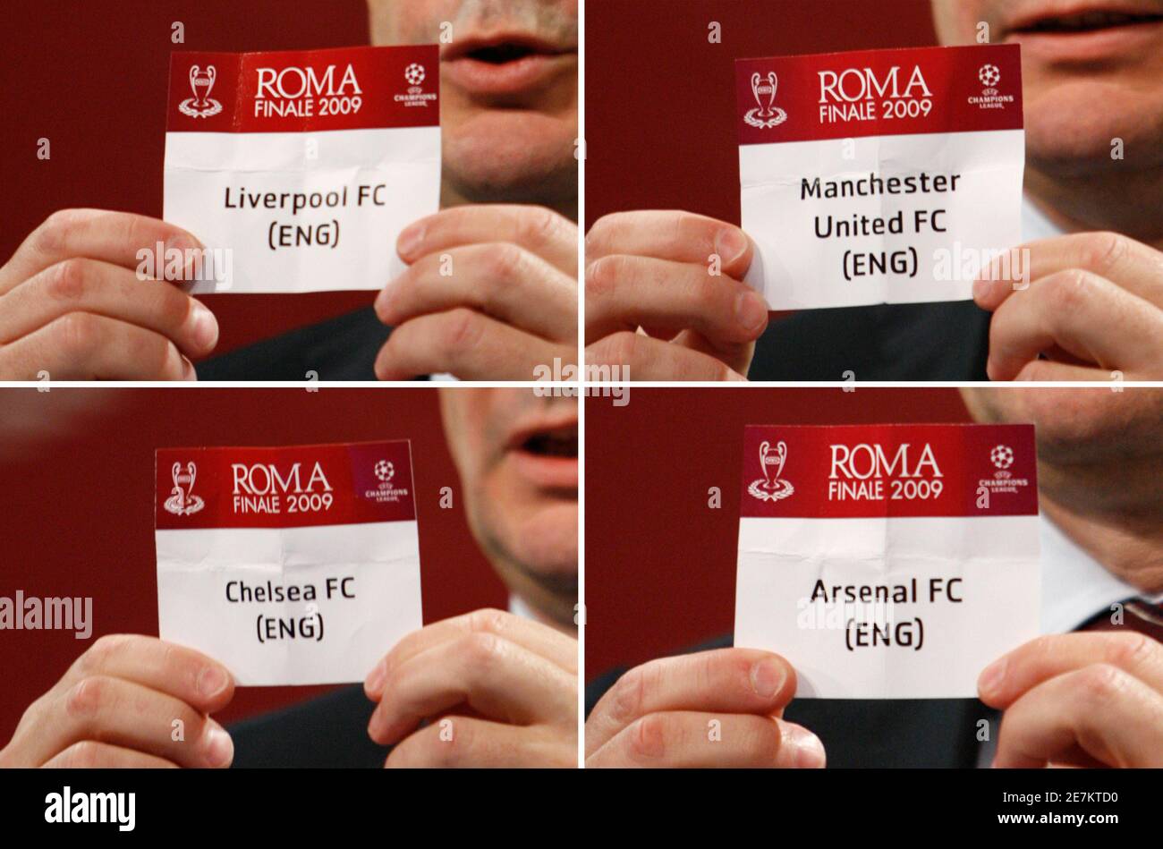 Eine Kombination Bild zeigt UEFA-Generalsekretär David Taylor anzeigen  Stimmzettel tragen die Namen der Liverpool FC, Manchester United, Arsenal  FC und Chelsea FC bei der Auslosung für das Viertelfinale Fussball Spiele  der Champions