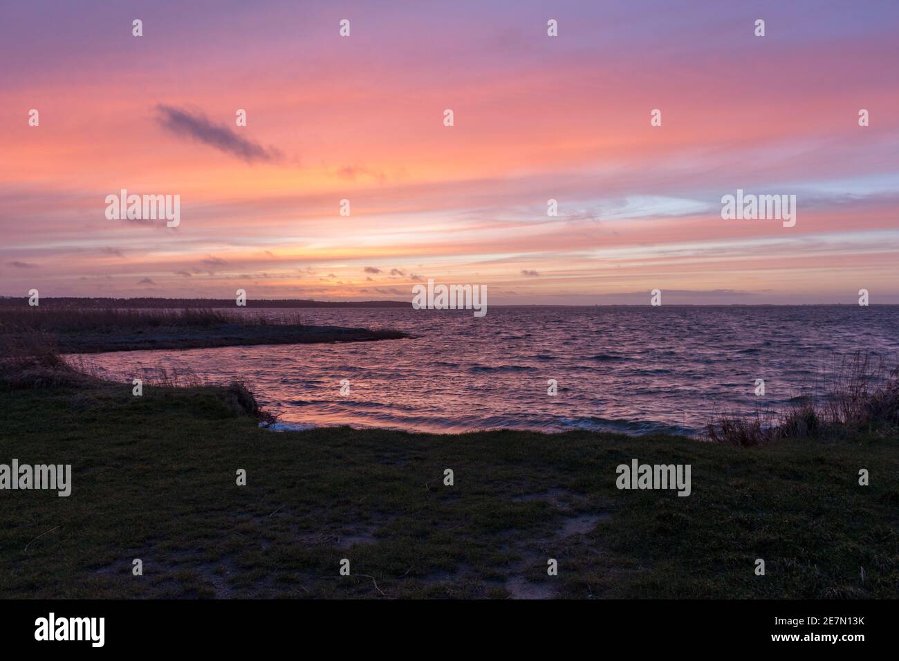 Sonnenuntergang am Bodden - Eine ruhige Meereslandschaft bei Sonnenuntergang mit leuchtenden Rosa- und Orangetönen, die sich über dem ruhigen Wasser in den Horizont einfügen. Stockfoto