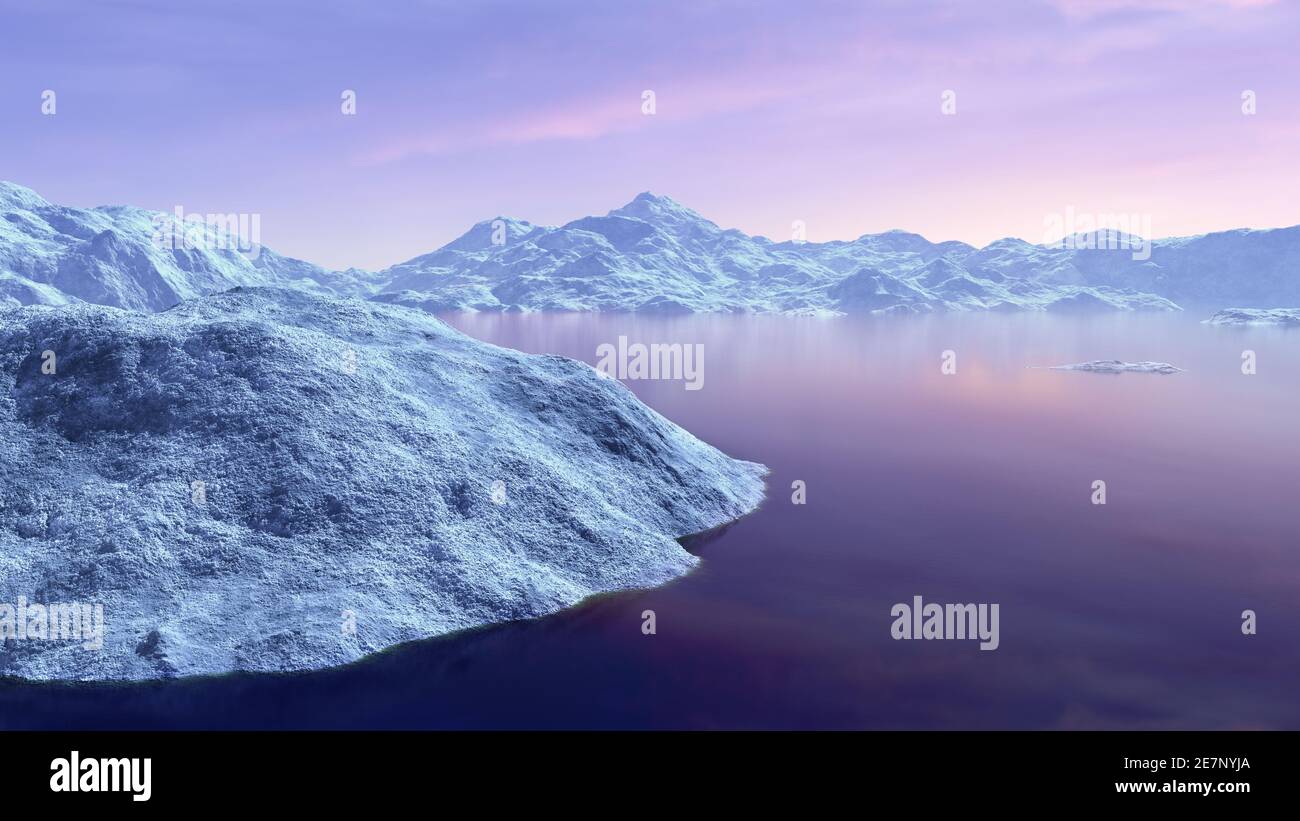 Winter gefrorene Landschaft mit See und Bergen. 3D-Rendering Stockfoto