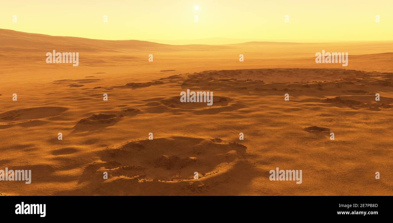 Kalte Wüste auf dem Mars. Marslandschaft, 3d-Rendering Stockfoto