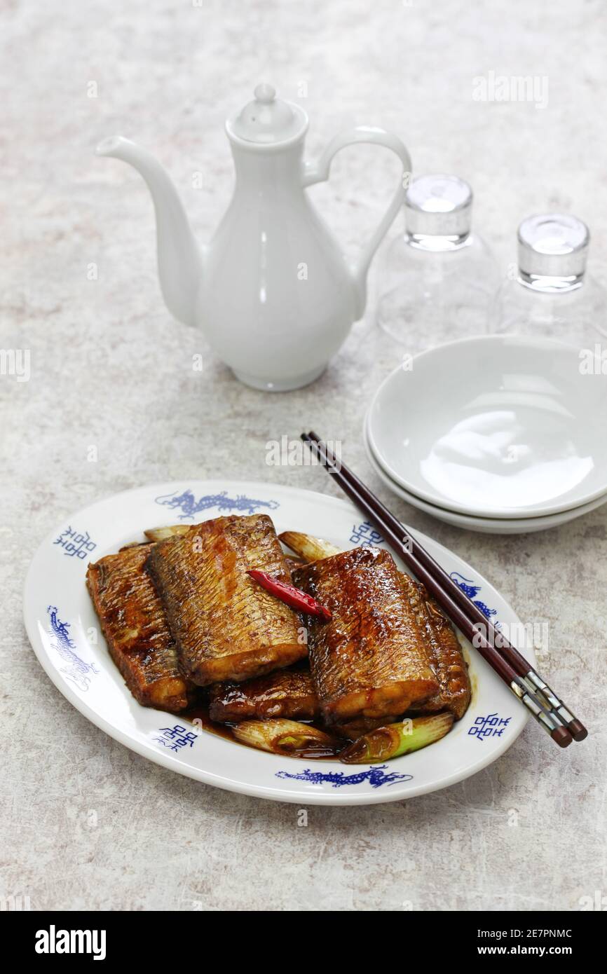 Geschmorter Hairtail-Fisch in Sojasauce, chinesische Küche Stockfoto