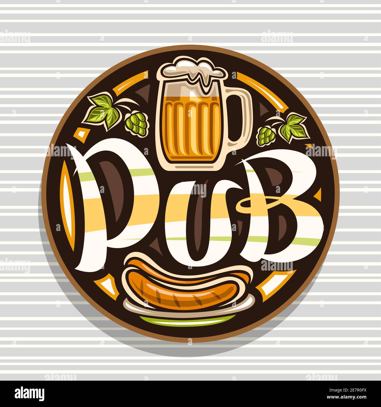 Vektor-Logo für Bier-Pub, braune dekorative Retro-Schild mit Abbildung von vollen Bierkrug mit Schaum, Hopfenblätter, einzigartige Pinsel Schriftzug für Wort Stock Vektor