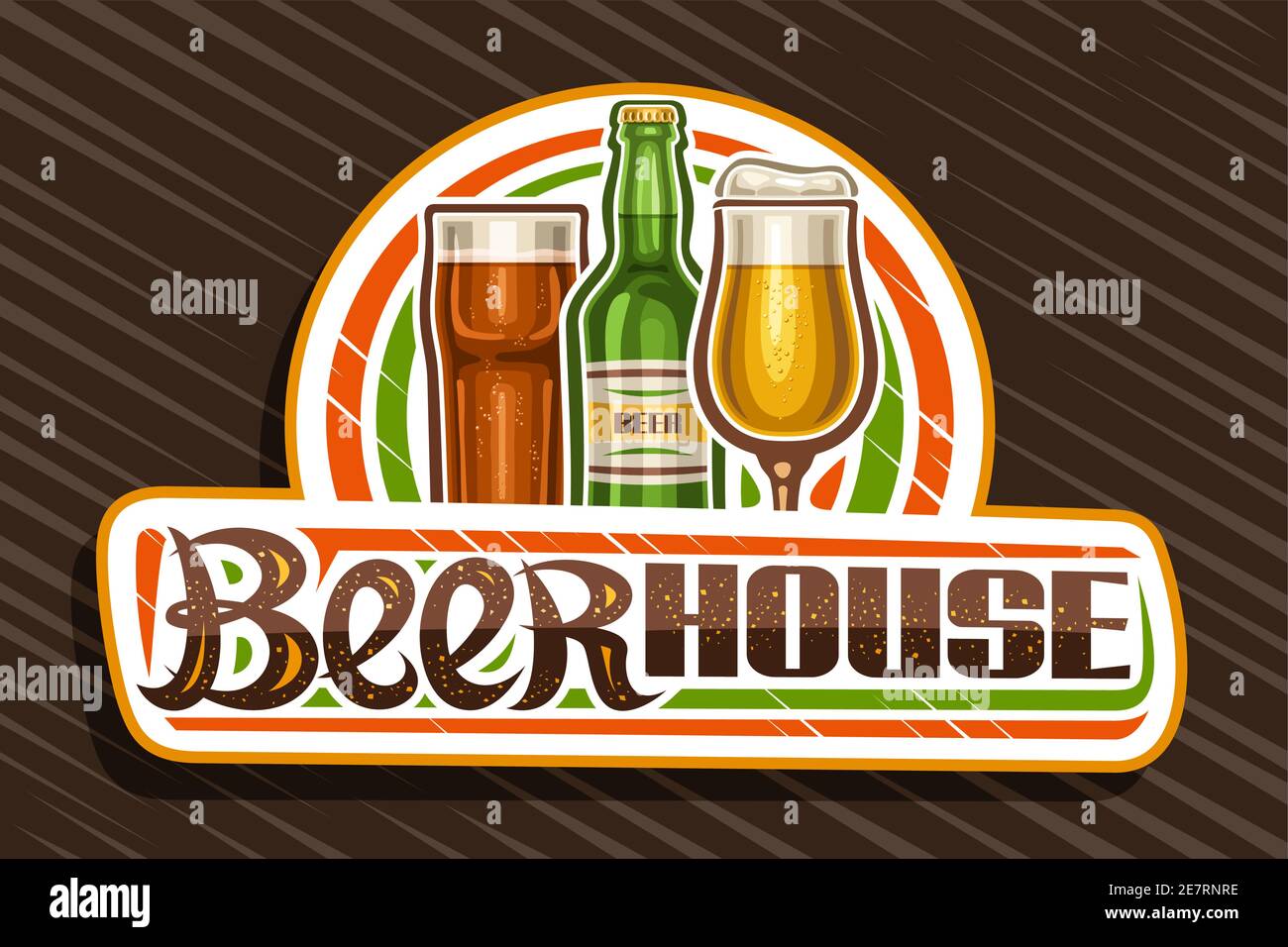 Vector Logo für Beer House, weiße Deko-Tafel mit Abbildung von Vollbierglas mit Schaum und dunklem Highball, einzigartiger Pinsel-Schriftzug für w Stock Vektor
