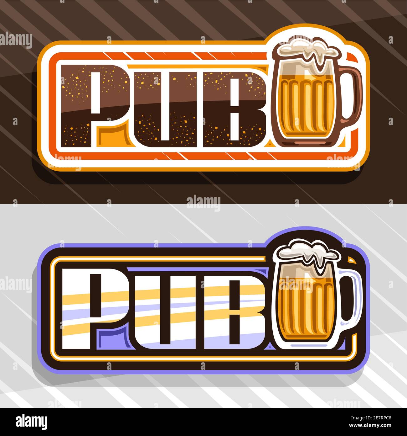 Vector Logos für Bier Pub, 2 dekorative Schilder mit Abbildung von vollen Bierkrug mit Schaum und einzigartigen modernen Schriftzug für Wort Pub auf braun und Stock Vektor