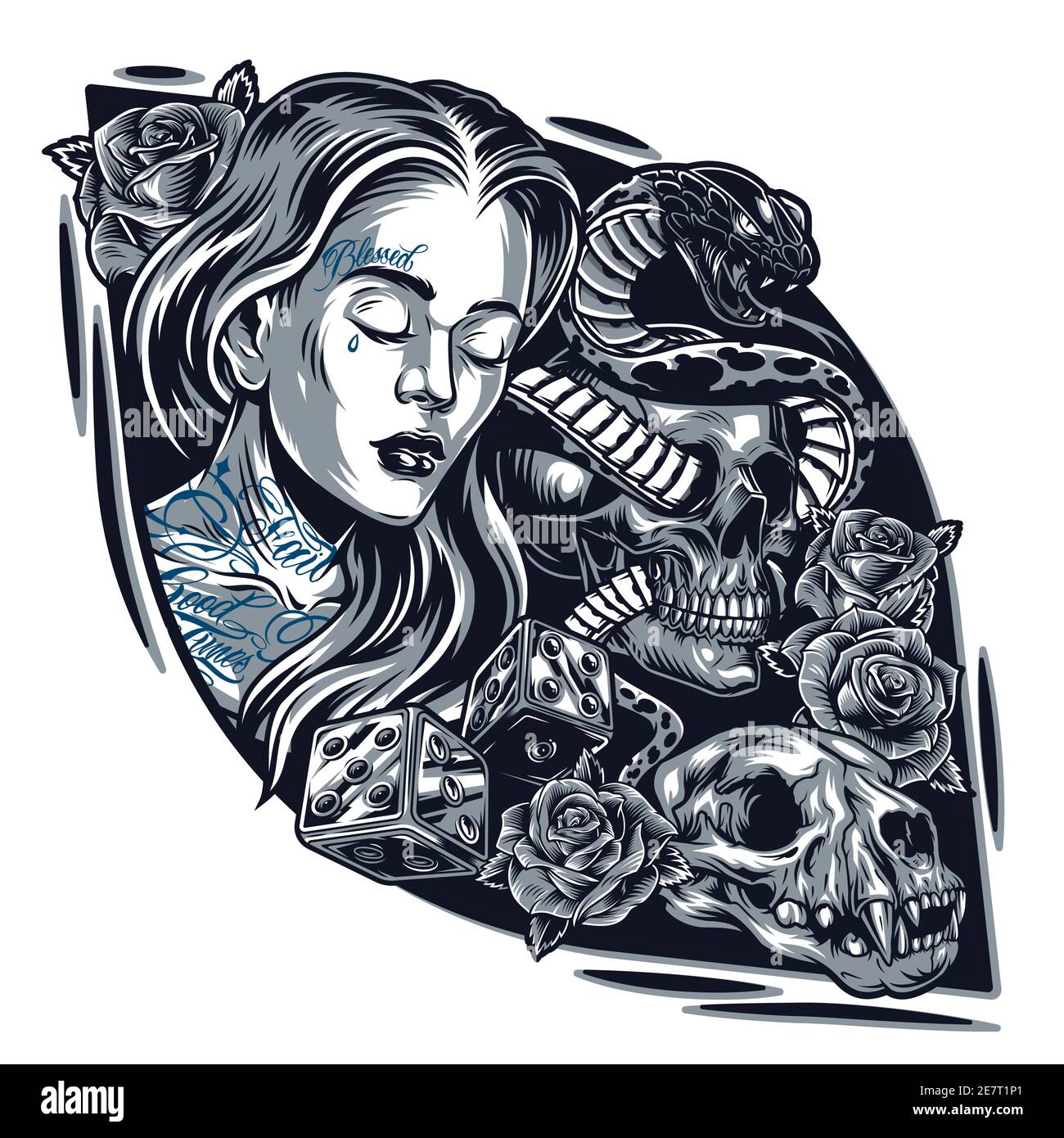 Vintage Chicano Tattoo Stil Vorlage Mit Hubschen Frau Katze Schadel Rose Blumen Wurfel Und Schlange Verschlangelt Mit Schadel Isoliert Vektor Abbildung Stock Vektorgrafik Alamy
