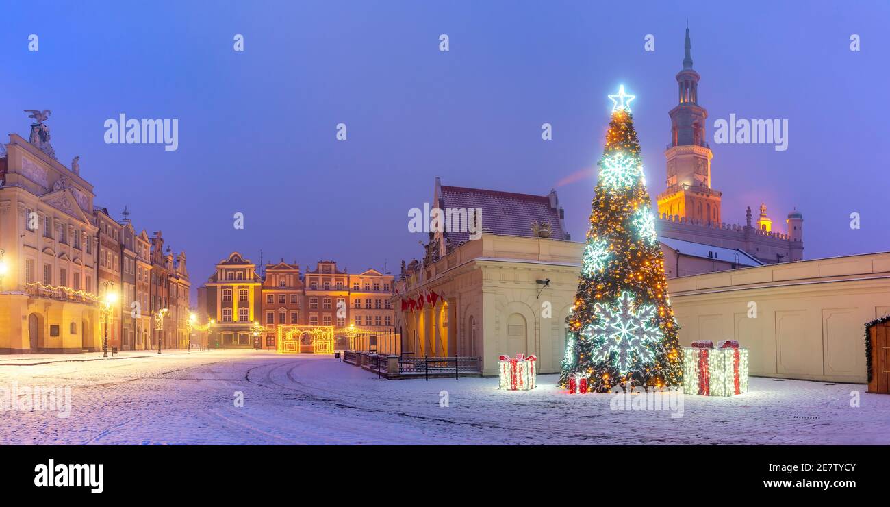 Panorama des Posener Rathauses und Weihnachtsbaum am Alten Marktplatz in der Altstadt in der verschneiten Nacht, Posen, Polen Stockfoto