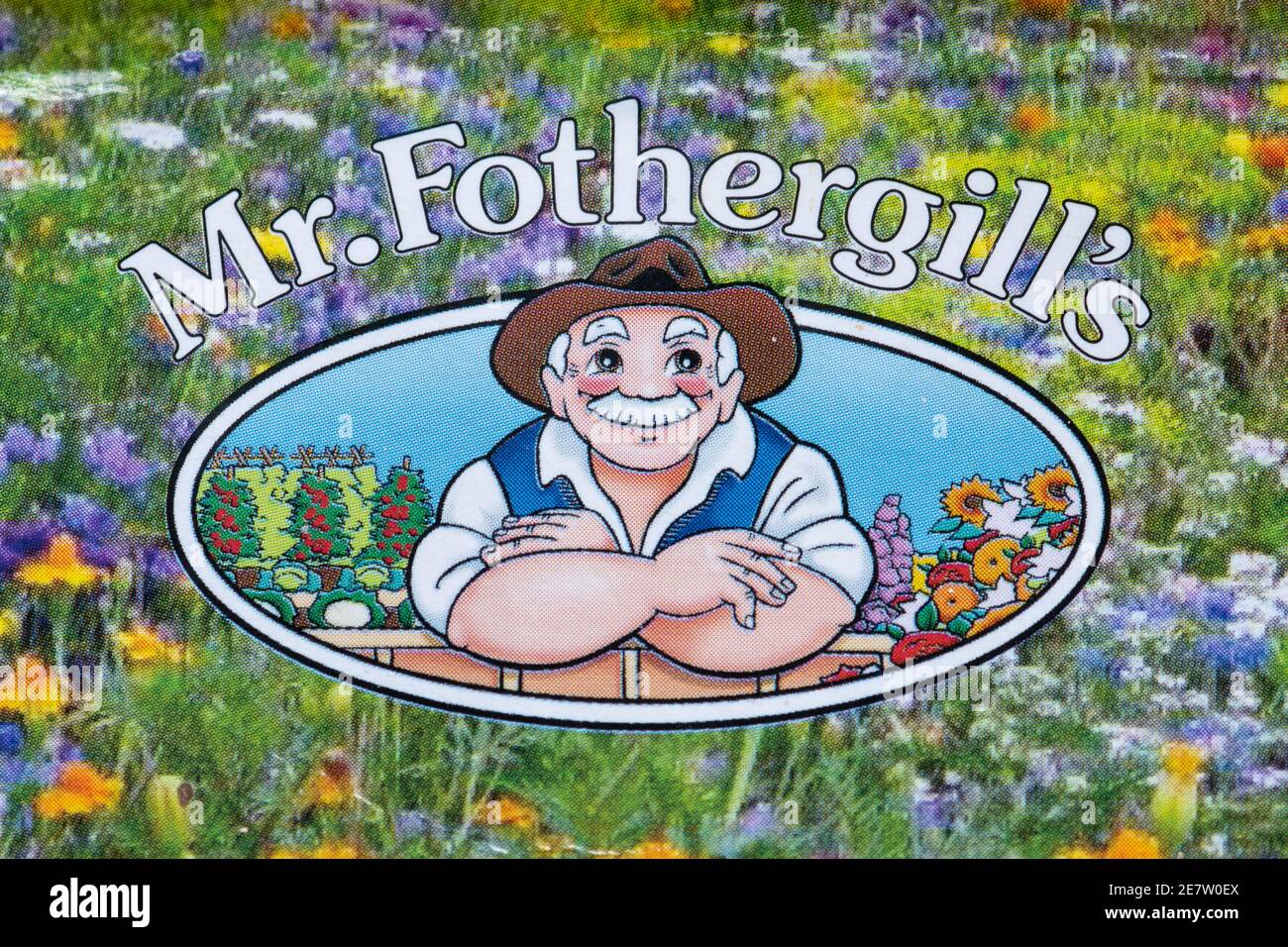 Das Logo von Herrn Fothergill auf einer Packung Wildblumensamen, Großbritannien Stockfoto