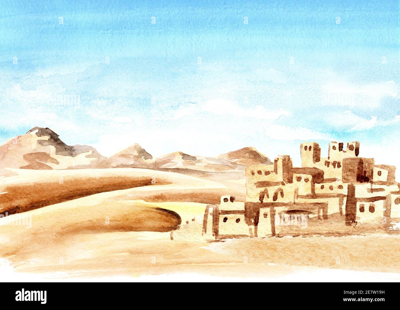 Wüste mit Dünen und einer afrikanischen Stadt, handgezeichnete Aquarell-Illustration und Hintergrund Stockfoto