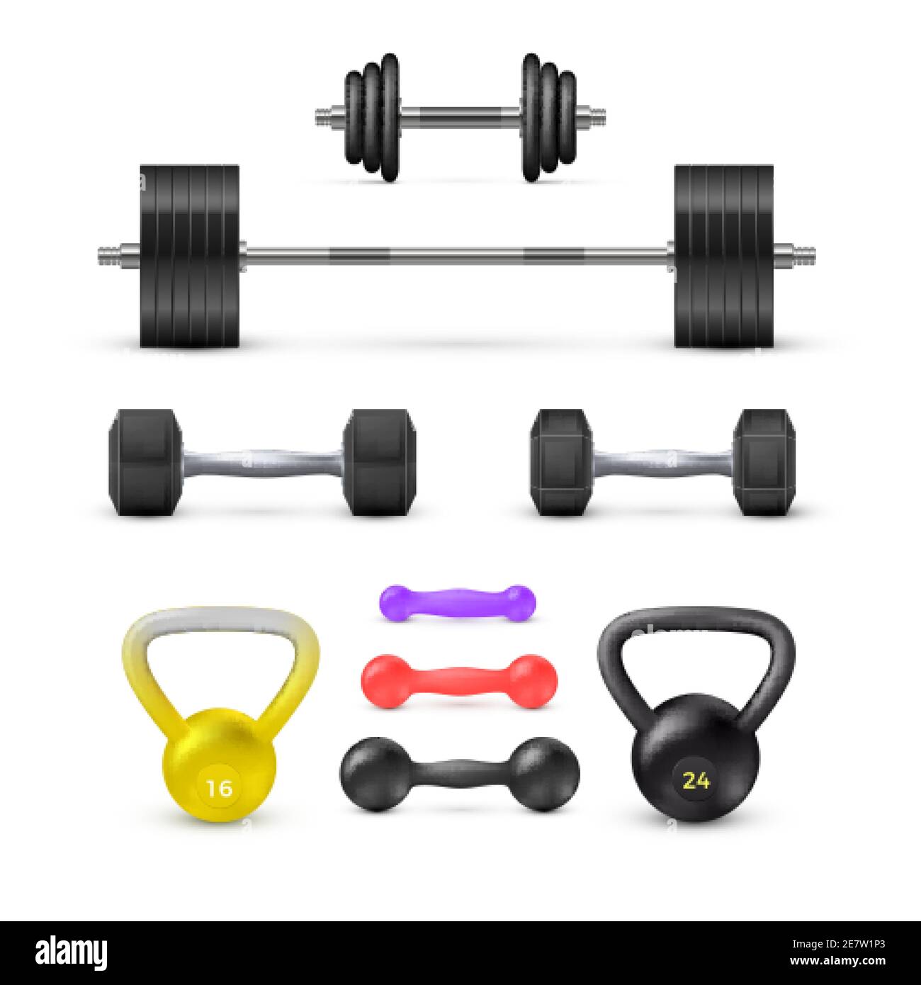 Set von Kurzhanteln Langhanteln und Gewicht. Fitness- und Bodybuilding-Geräte. Vektor-elementr Stock Vektor