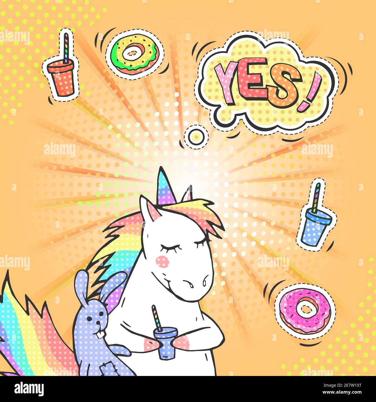 Pop Art Hintergrund mit fetten Einhorn und Sprechblase mit Text JA! Comic-Nachahmung im Retro-Stil. Vektor helle Illustration. Stock Vektor