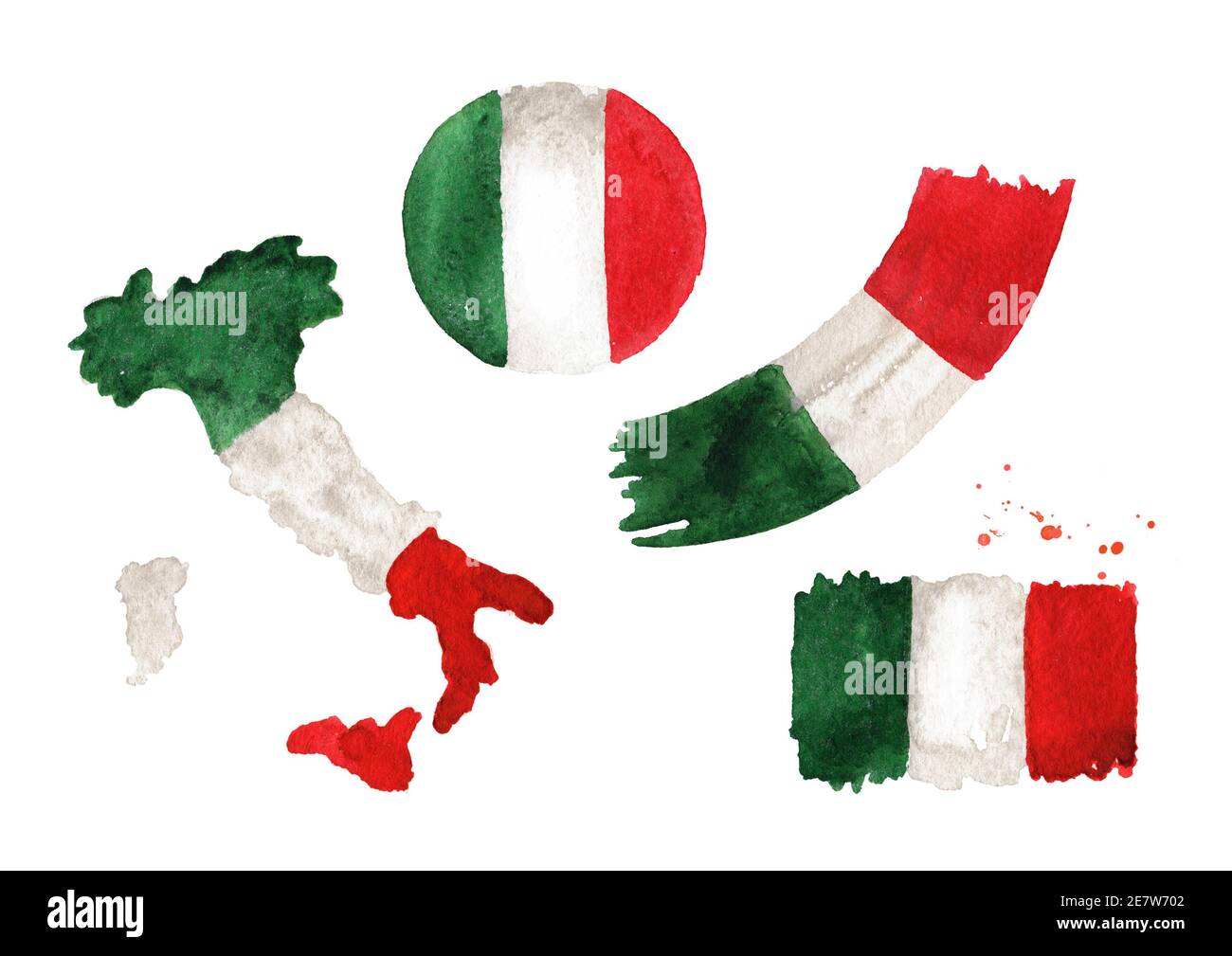 Italienische Flagge gesetzt. Handgezeichnete Aquarellillustration isoliert auf weißem Hintergrund Stockfoto