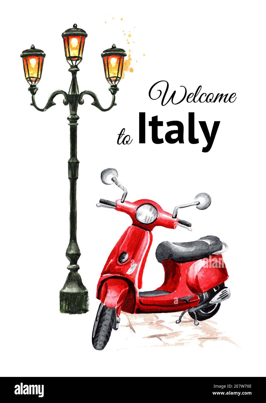 Welcome to Italy Card. Rotes Moped oder Roller auf dem Hintergrund der Schmiedeeisen elegante Straßenlampe. Handgezeichnete Aquarellillustration isoliert auf w Stockfoto