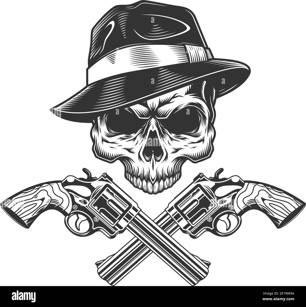 Vintage Monochromen Gangster Schadel Ohne Kiefer Und Gekreuzte Pistolen Isoliert Vektorgrafik Stock Vektorgrafik Alamy