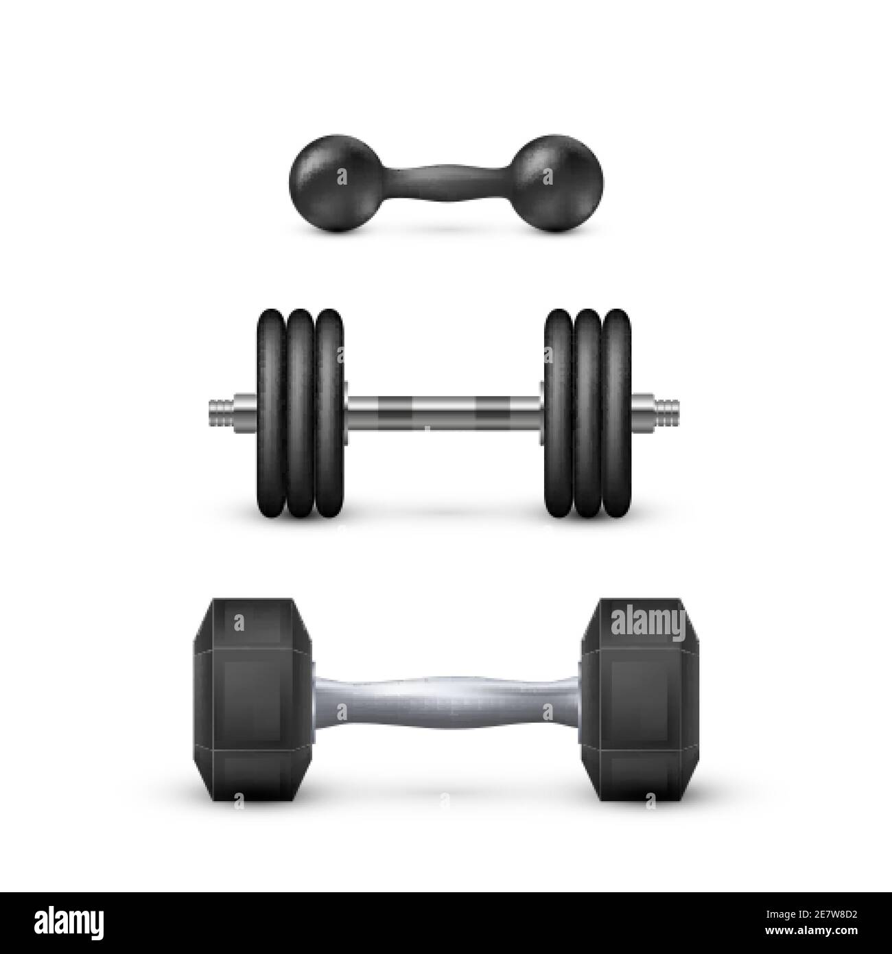 Set von realistischen Kurzhanteln. Ausrüstung für Bodybuilding und Training. Vektorgrafik Stock Vektor