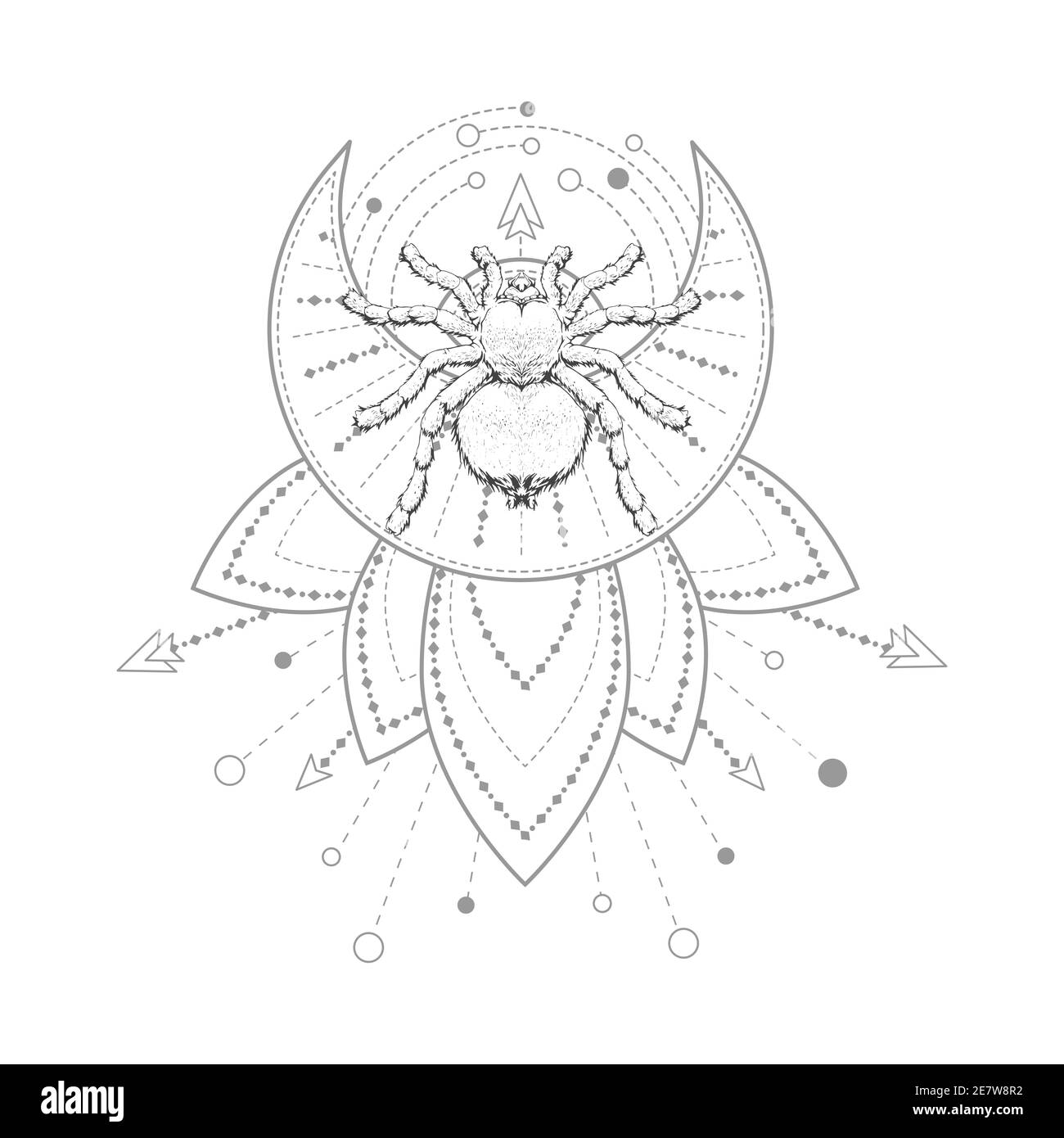 Vektor-Illustration mit handgezeichneter Spinne und Heilige geometrische Symbol auf weißem Hintergrund. Abstraktes mystisches Zeichen. Schwarze lineare Form. Für Ihr Design, Stock Vektor