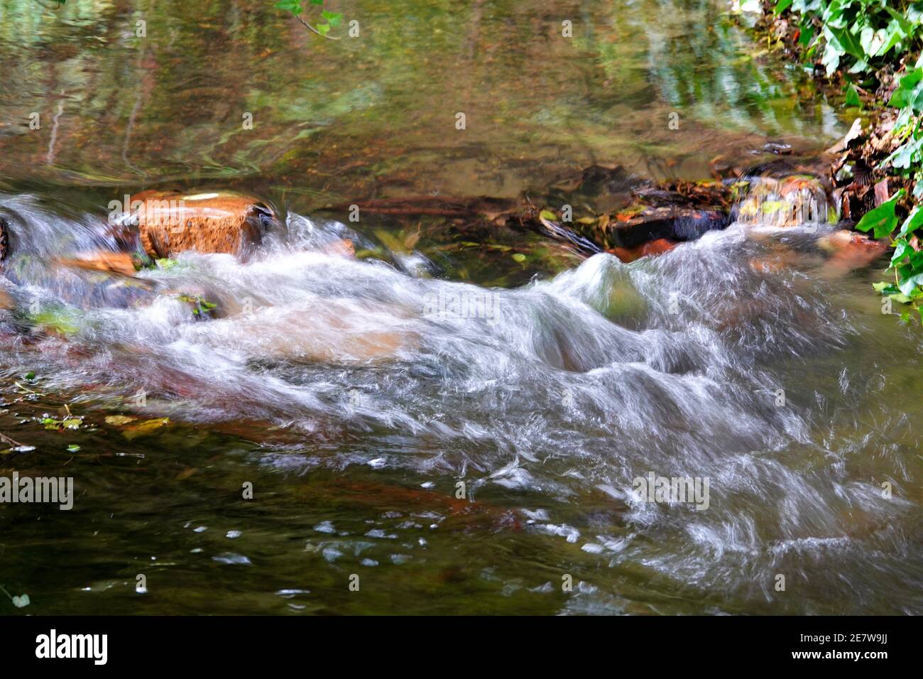 Ein kleiner Bach mit einer Slow-Mo-Zeitlupe zum Einfangen Der wunderschöne Wasserfluss Stockfoto
