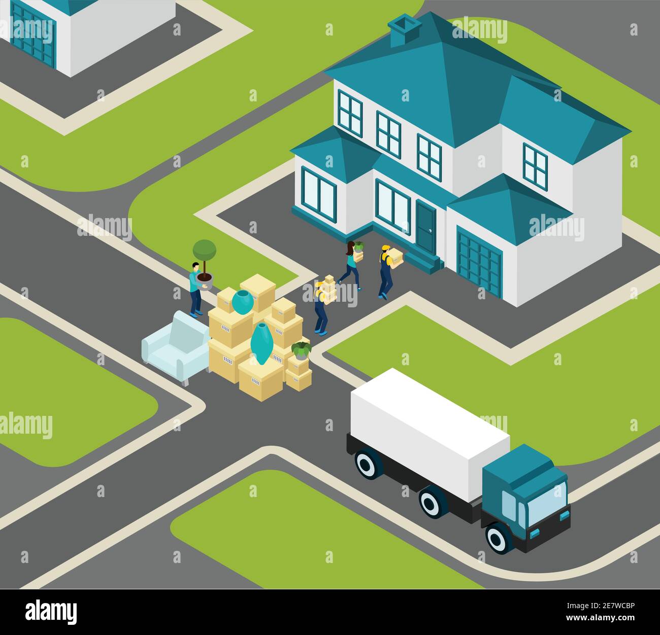 Menschen verlagern isometrische Konzept mit Lieferarbeitern LKW und Haus vektorgrafik Stock Vektor