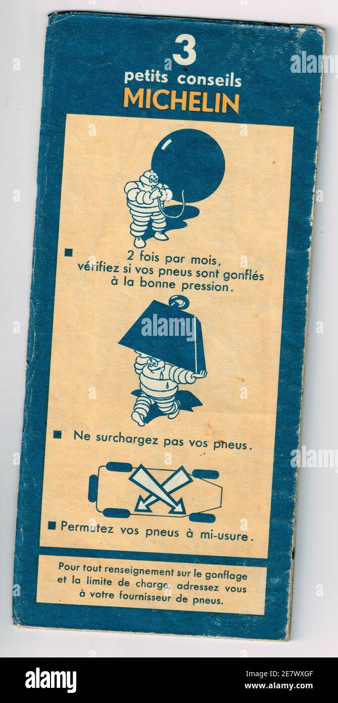 Ratgeber zur Reifeninflation, Michelin Maps, Frankreich, 40er Jahre Stockfoto