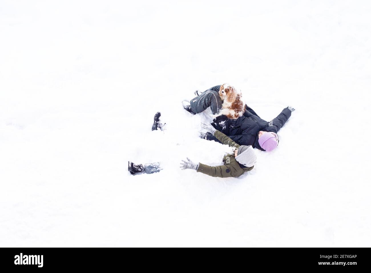 Mädchen, Junge, Kinder und Hund mit Spaß im Freien, Winter Schnee Tag, Familie Zeit, Schwester und Bruder spielen Engel in warmen Kleidern. Draufsicht Stockfoto