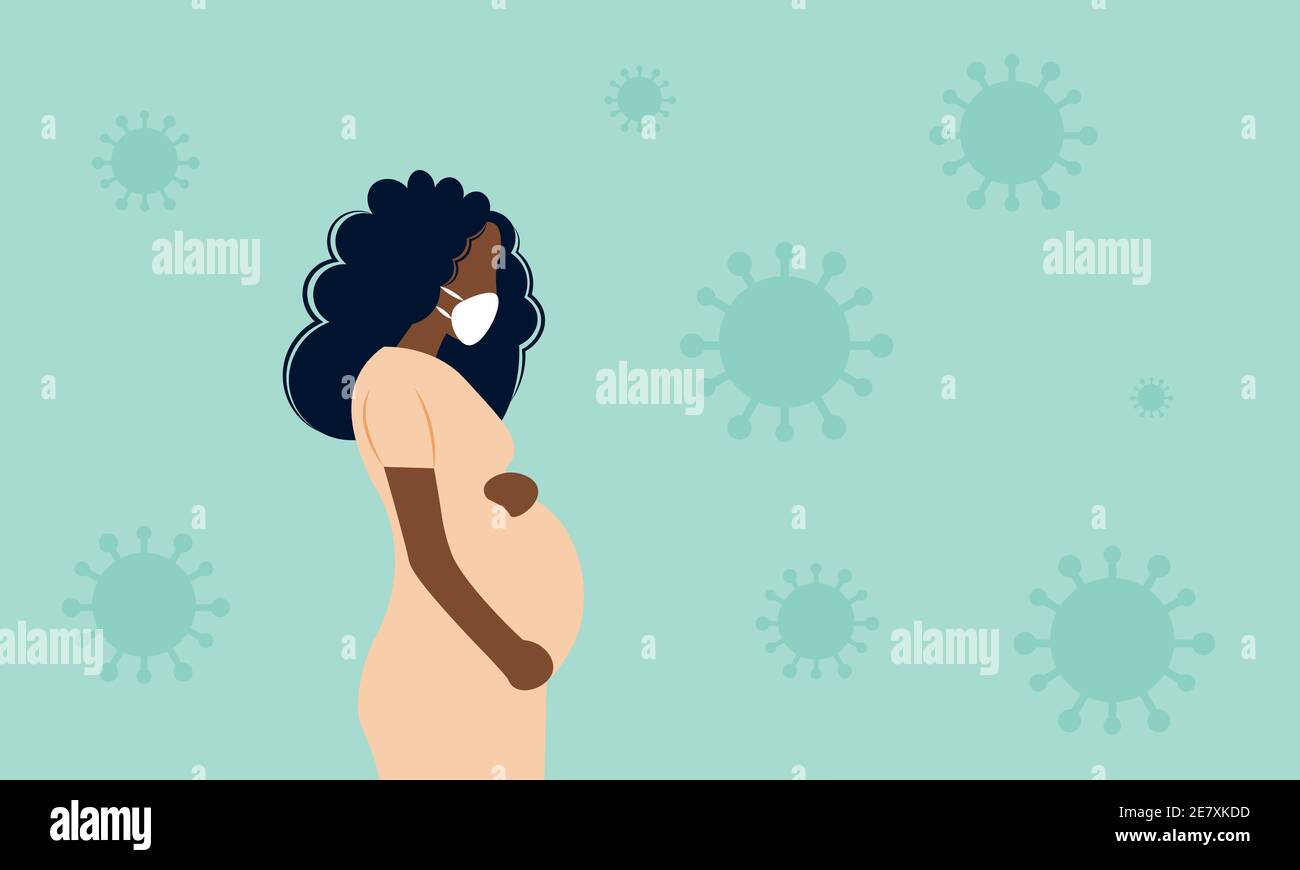 Junge schöne schwangere schwarze Frau trägt Gesichtsmaske mit Virus Hintergrund Stock Vektor