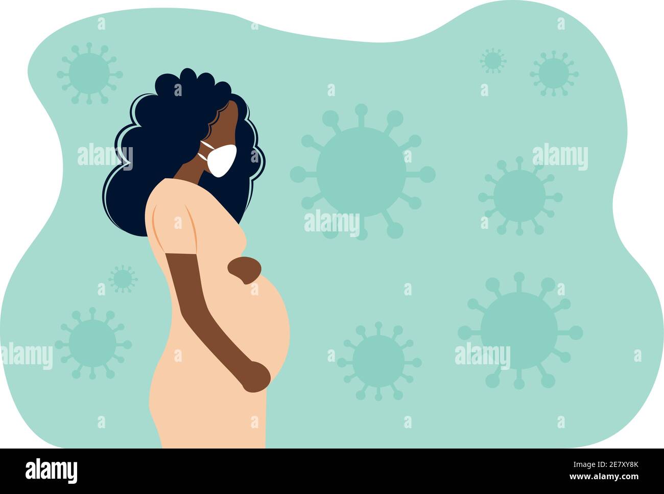 Junge schöne schwangere schwarze Frau trägt Gesichtsmaske mit Virus Hintergrund Stock Vektor